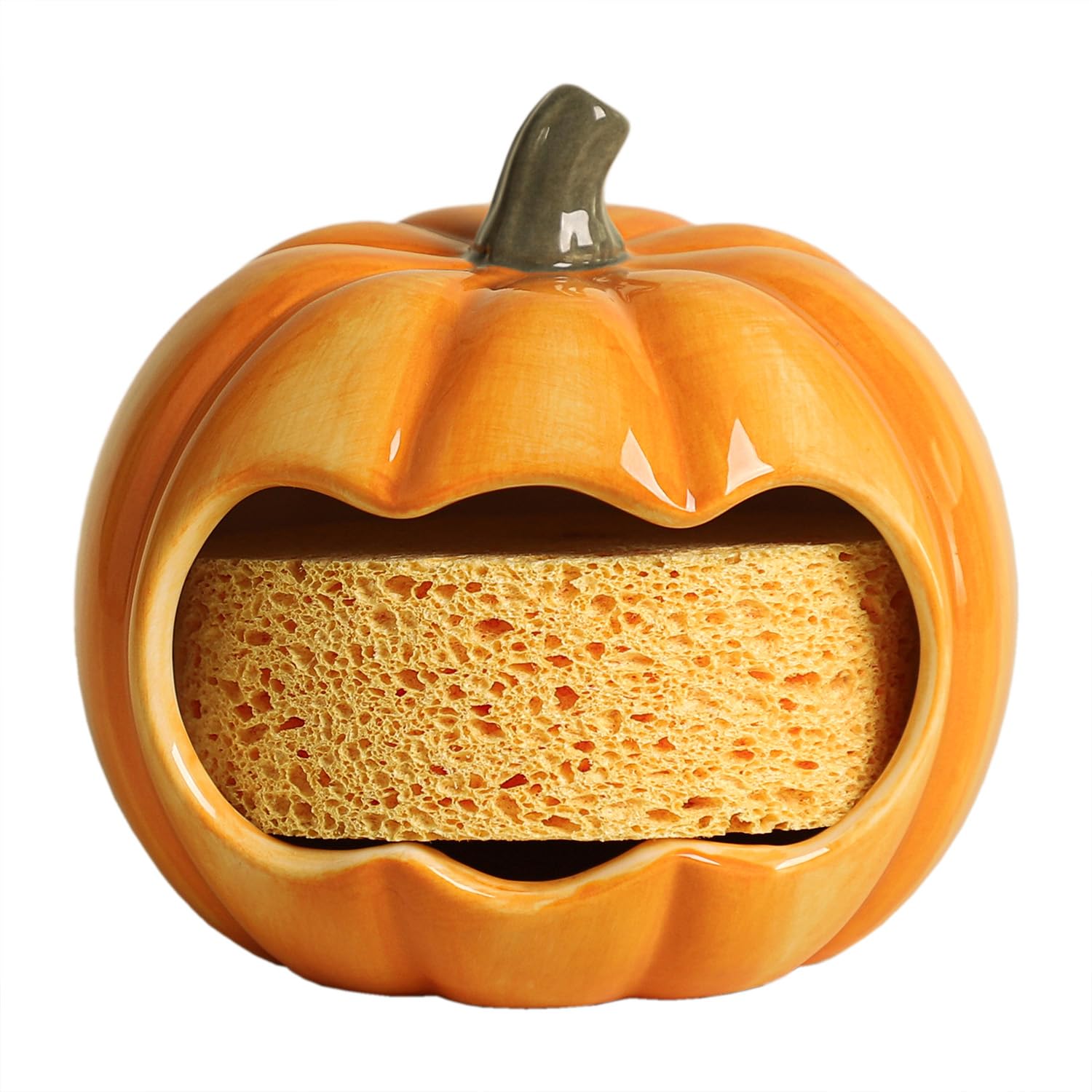 WAIT FLY Ceramic Pumpkin Sponge Holder for Kitchen Sink Counter, Sponge Dish Rack, Compact Sink Caddy Organizer