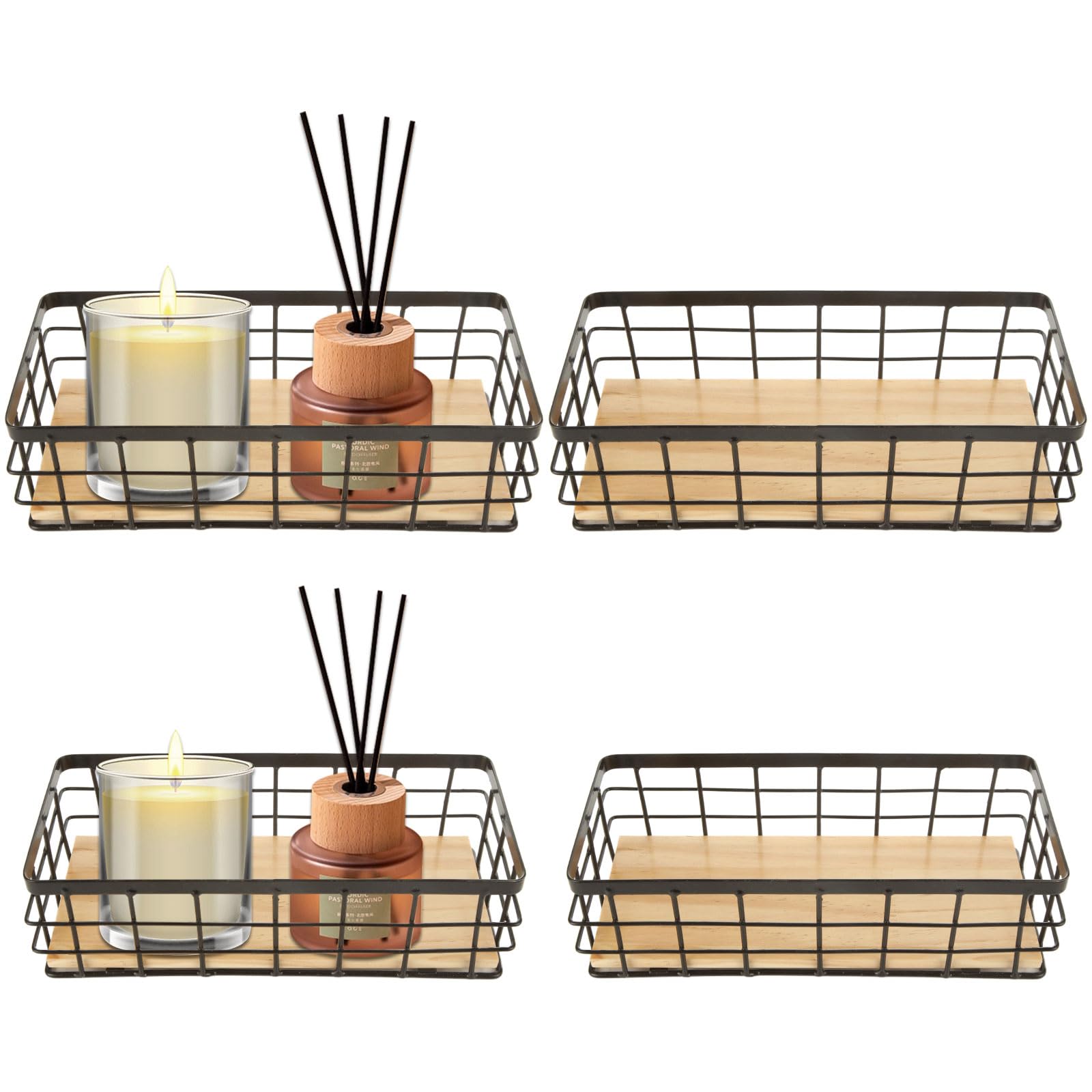 SENENQU 4 Pack Metal Wire Basket Detachable Wood Base Storage Organizer Farmhouse Bin for Kitchen Cabinets, Bathroom, Pantry, La