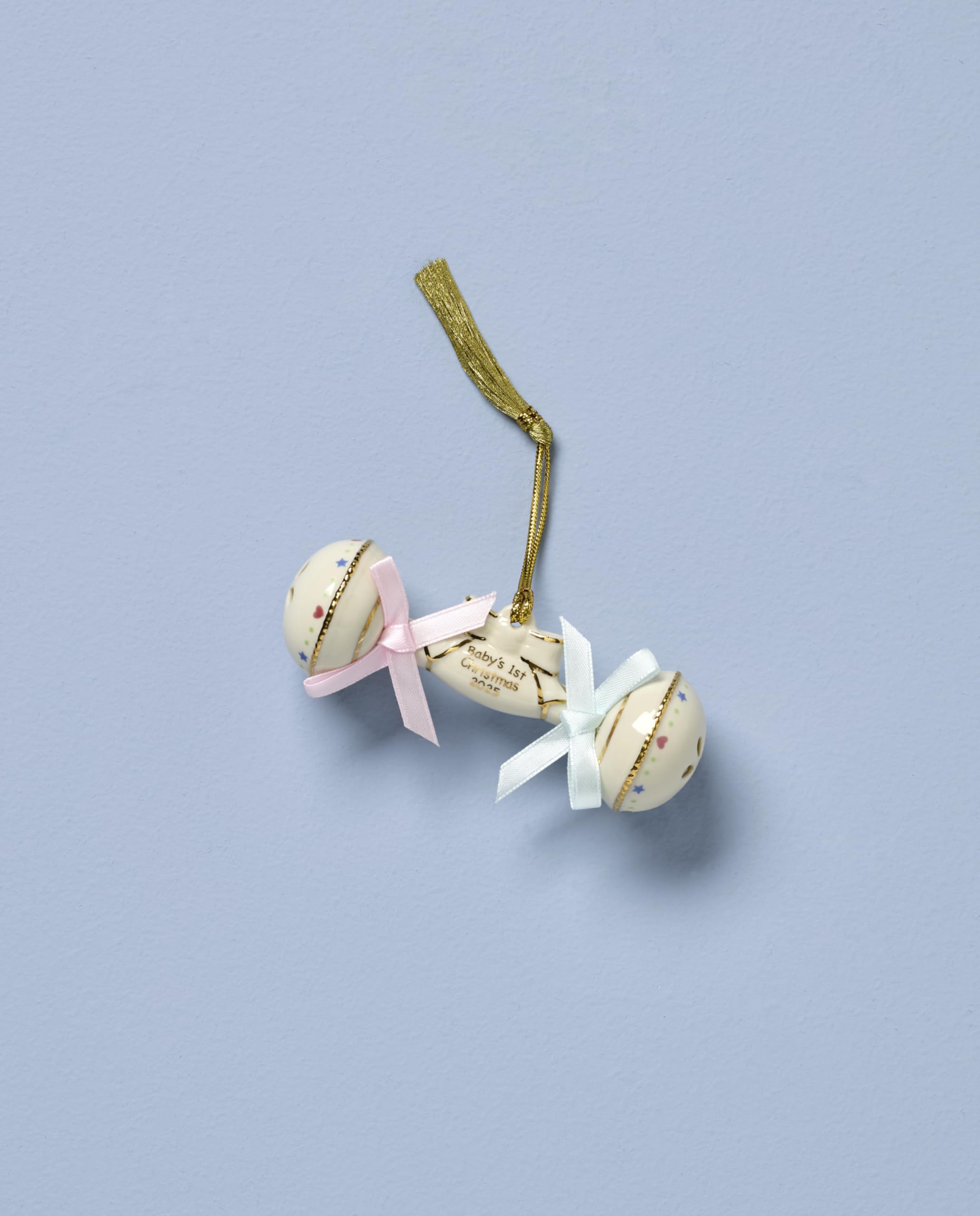 Lenox Ornament, 2025 Babys 1st Christmas Rattle Ornament, Porcelain with Gold Accents and Hanging Cord, Christmas Decorations, B