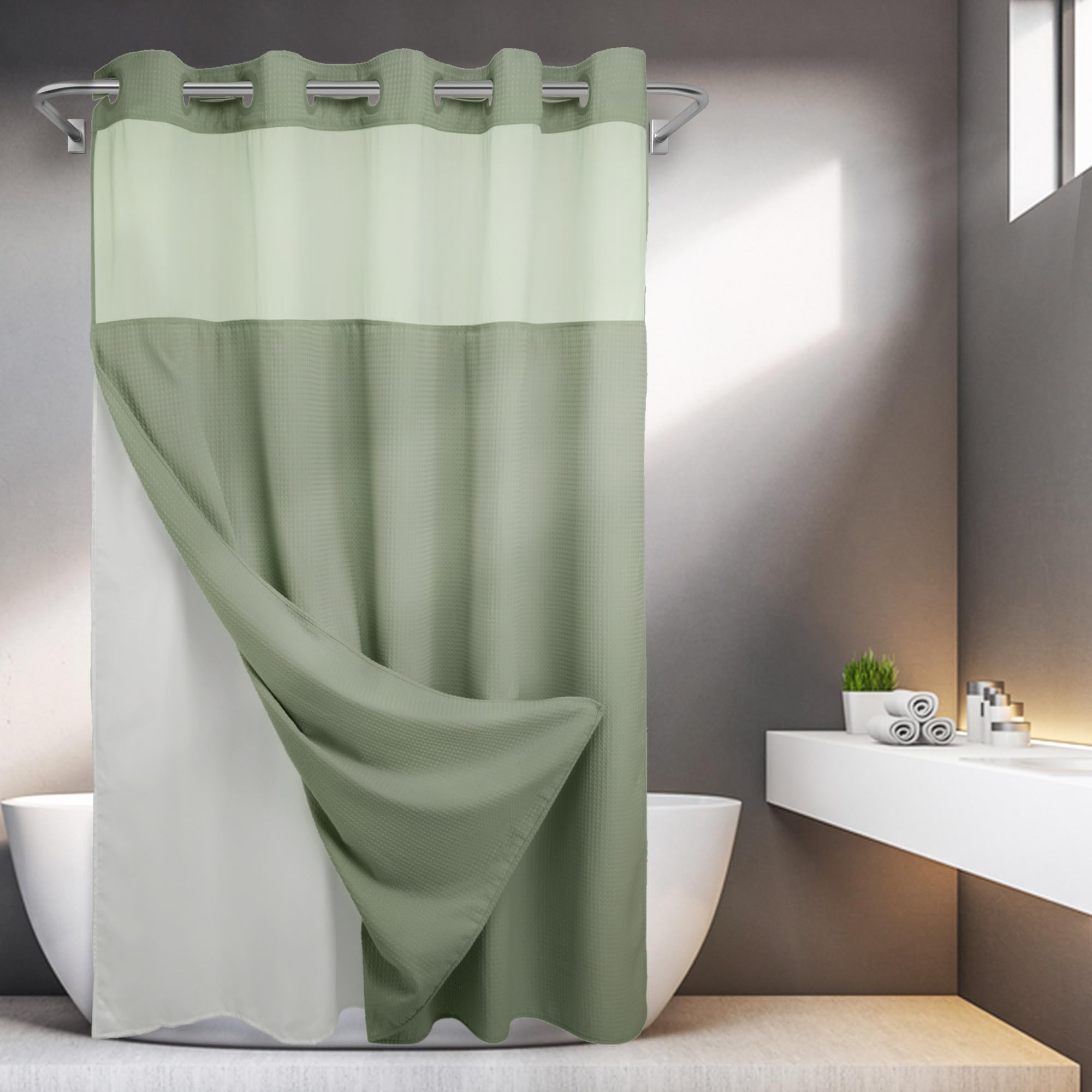 River Dream Sage Green No Hooks Required Shower Curtain With Snap In Liner - Waffle Weave,Hotel Grade,Spa Like Bath Curtain,71W