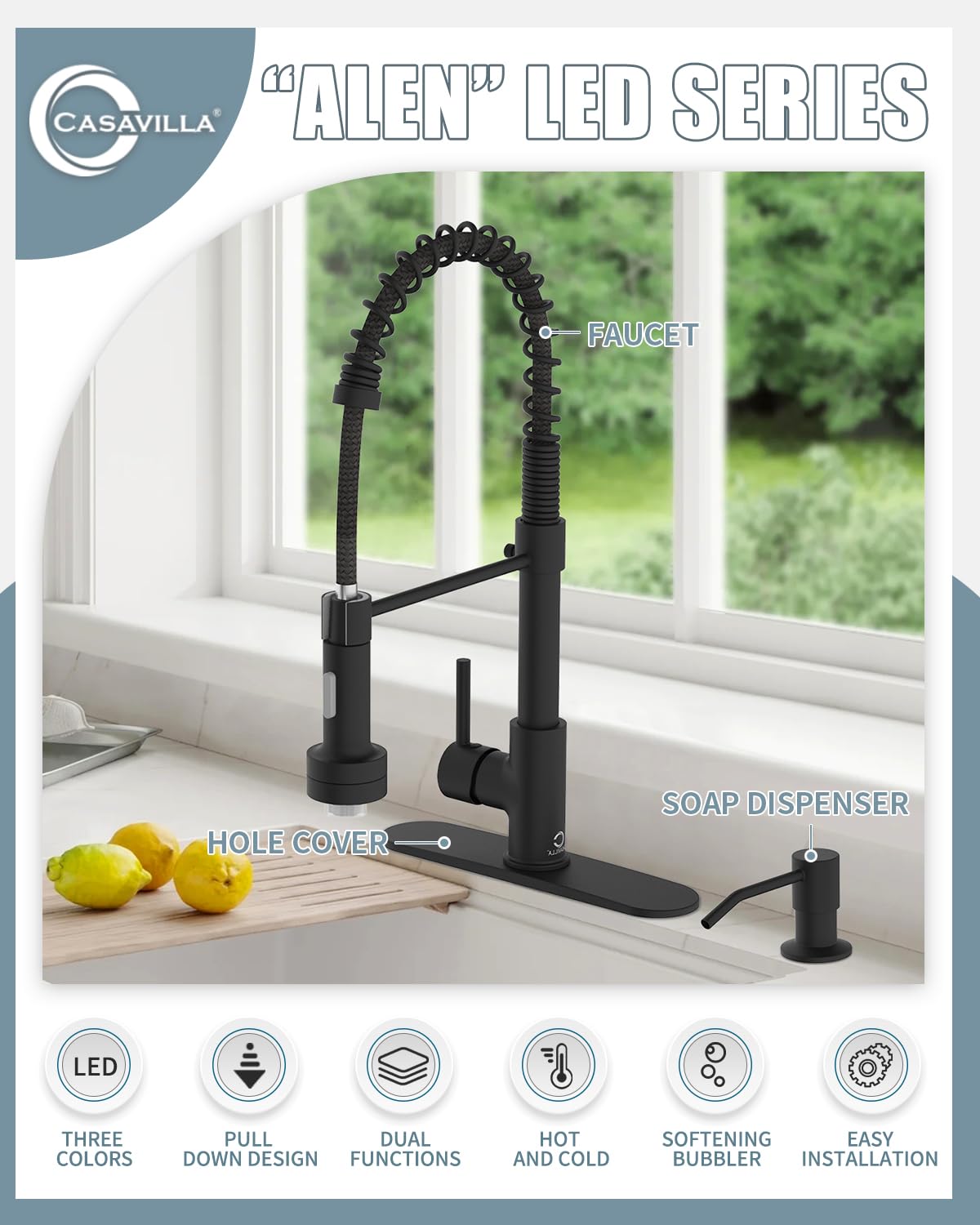 Black Kitchen Faucet With Led Light,Kitchen Faucet With Soap Dispenser,Faucet For Kitchen Sink,Single Handle Stainless Steel Kit