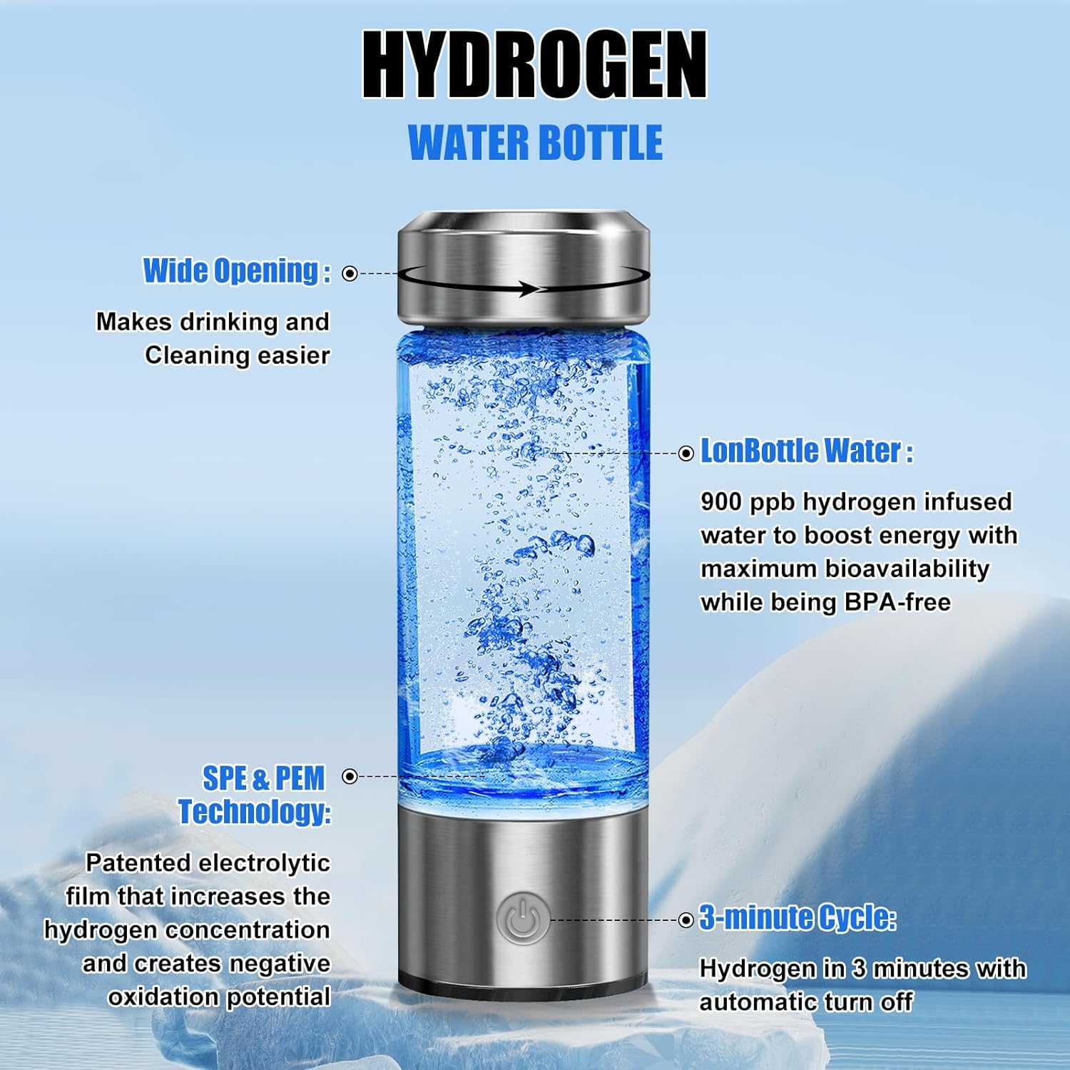 Uiexitra Hydrogen Water Bottle, Hydrogen Rich Water Generator, Rechargeable Portable Glass Hydrogen Water Ionizer Machine With S