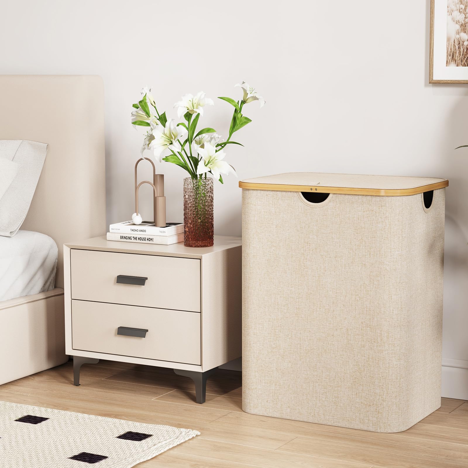 Lifewit 120L Large Laundry Hamper With Lid, Foldable 2 Section Laundry Basket With Bamboo Handles And Removable Bags For Laundry
