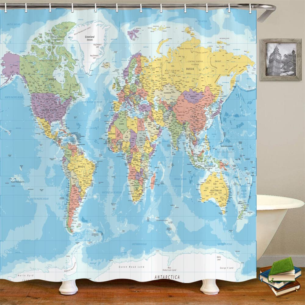 Tomoz World Map Shower Curtain, Countries And Cities Shower Curtains, Geography Educational Fabric Bathroom Shower Curtain With