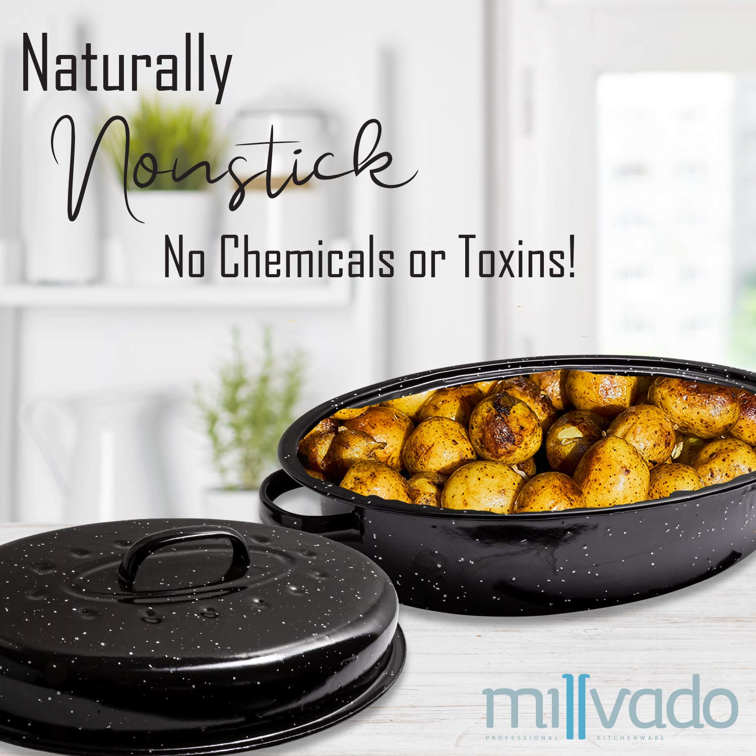 Millvado Granite Roasting Pan, 12 Lb Capacity Turkey Roasting Pan With Lid, 16'' Granite Oven Roaster Oval Shaped Speckled Ename