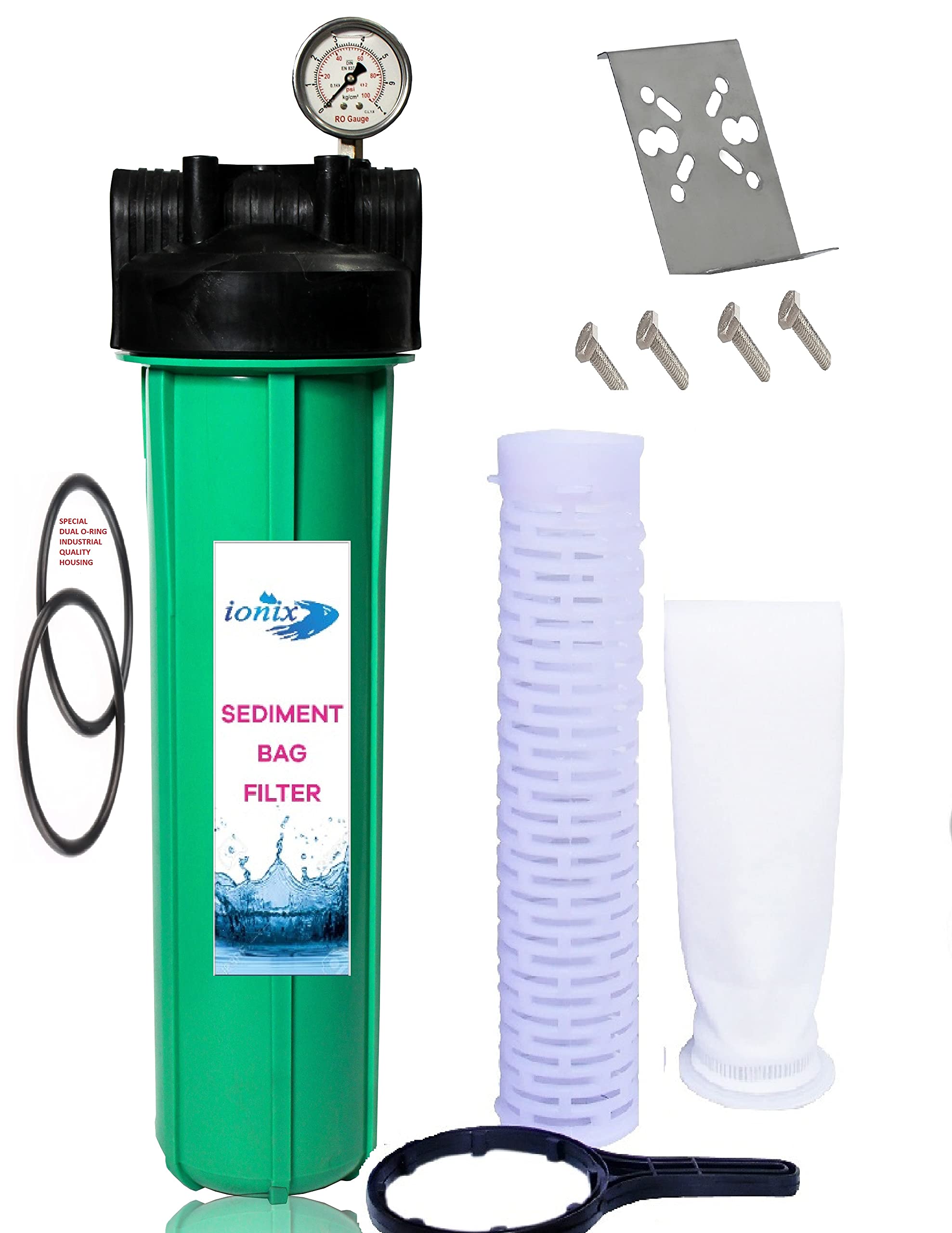 Ionix Double Silicon O Ring Industrial Quality Bag Filter Assembly | Bag Filter 20 Inch 5 Micron | With Glycerine Pressure Guage