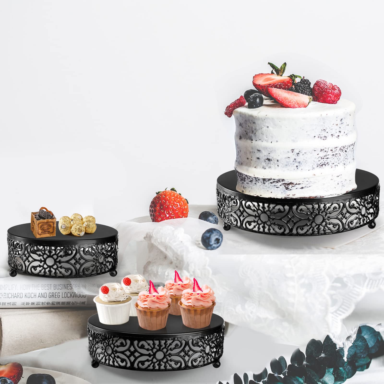 Hedume Set Of 3 Metal Cake Stand, Black Round Cake Stand, 8'' 10'' 12'' Dessert Cupcake Pastry Candy Display Plate For Wedding,