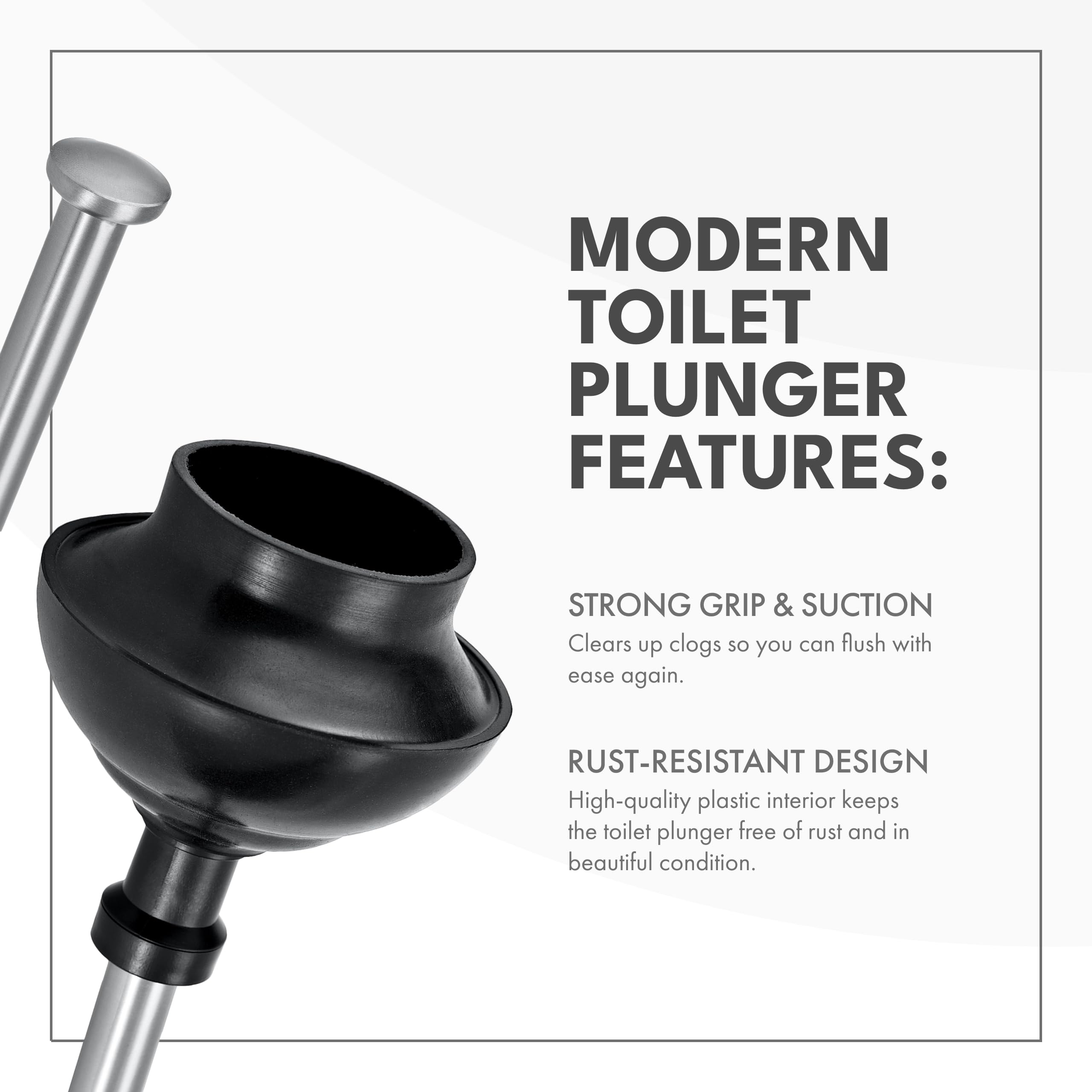 Toilettree Products Stainless Steel Plunger - Heavy Duty Toilet Bowl Plunger With Holder For Bathroom Essentials And House Clean