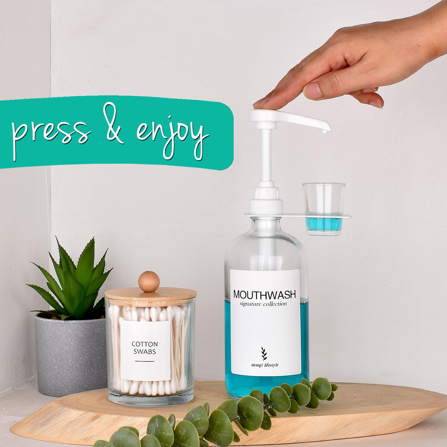 Onsogi Glass Mouthwash Dispenser With Cup Holder And Pump, 16 Oz Rustic Boho Mouthwash Dispenser For Bathroom Farmhouse Decor -