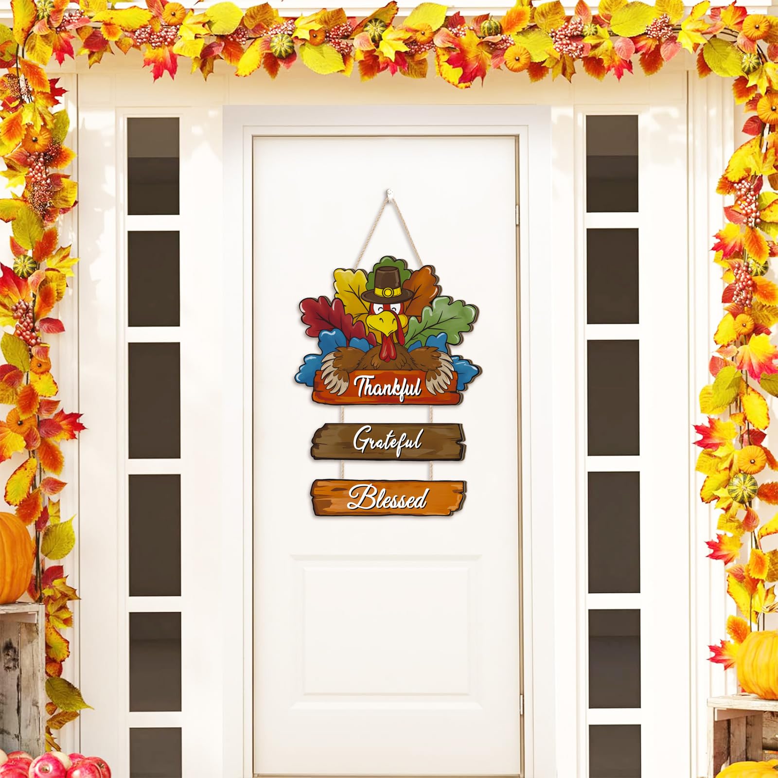 Aryroi Thanksgiving Day Wood Door Hanger,Turcky Wall Sign,Fall Thankful Sign,Autumn Wooden Sign,Grateful for Harvest Wall Plaque