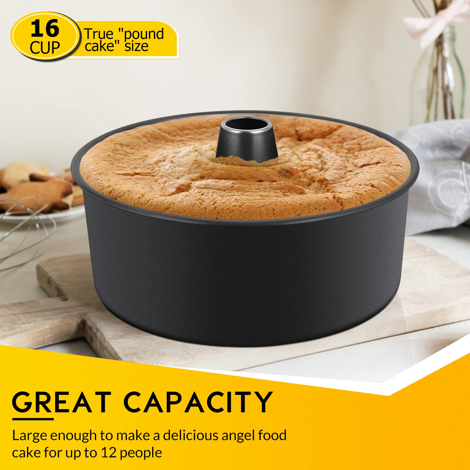 E-Far Angel Food Cake Pan, 10-Inch Non-Stick Tube Pan For Baking Pound Chiffon Cake, One-Piece Design, Easy Release & Clean