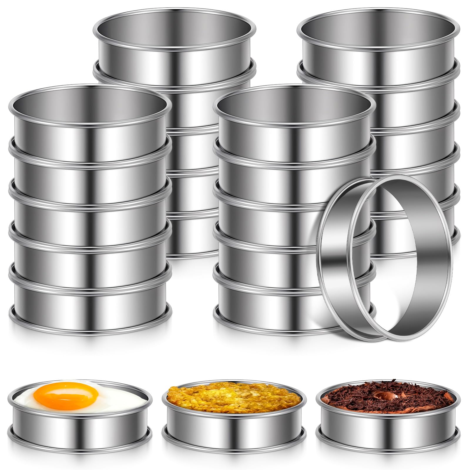 SHENLIU 24 Pieces Stainless Steel English Muffin Rings, 3 Inch Double Rolled Tart Ring Metal Round Nonstick Crumpet Rings Muffin