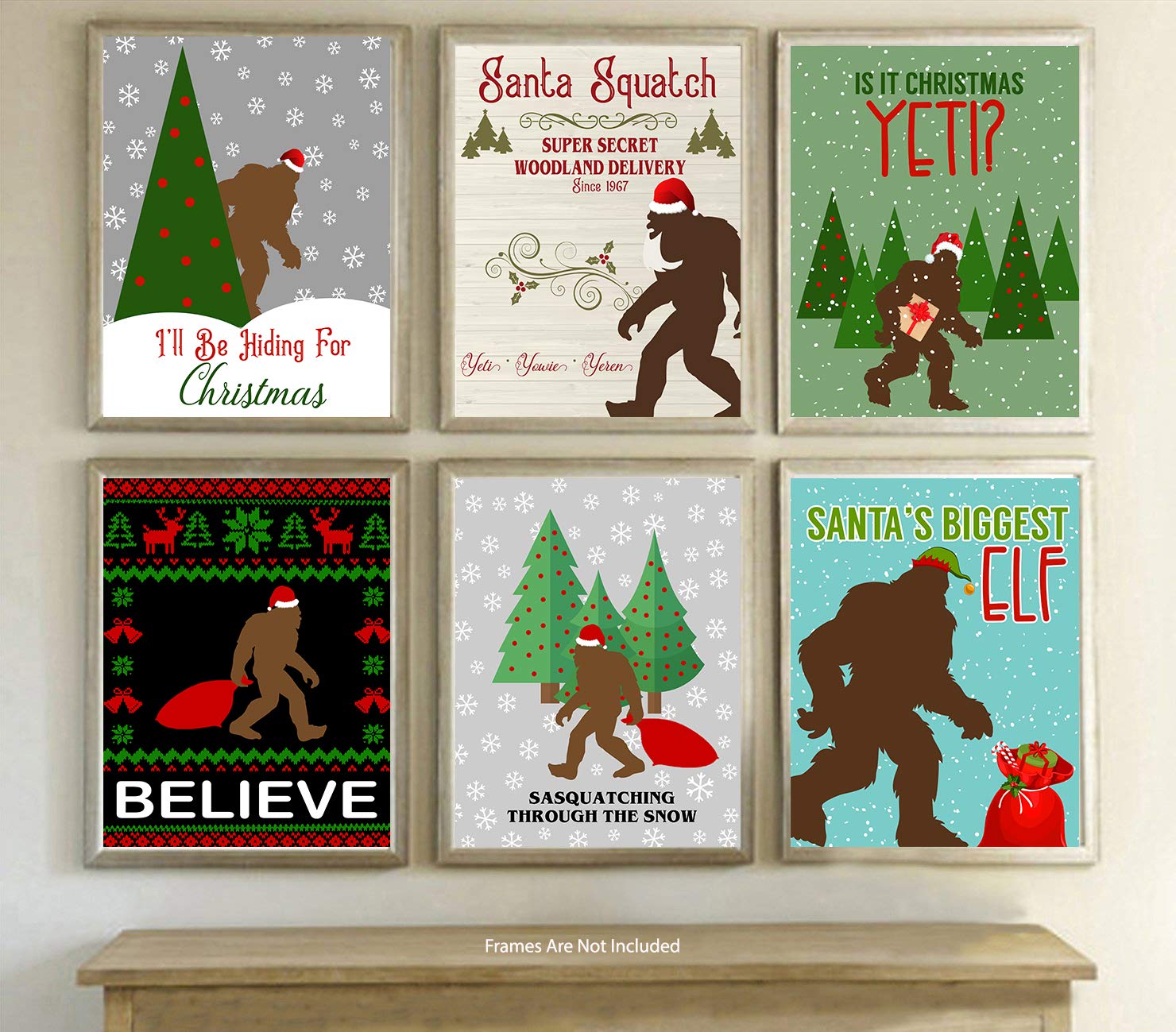Funny Bigfoot Themed Art Prints Wall Decor Signs Bathroom Christmas Room (Christmas Set)