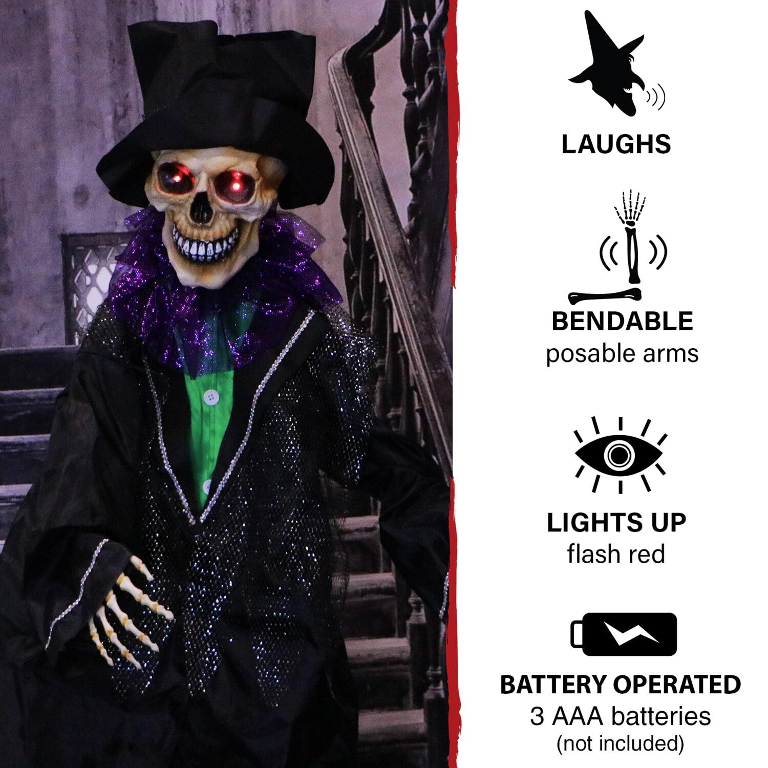 Haunted Hill Farm 5-Ft. Marty Voodoo Skeleton Groom, Animatronic With Red LED Eyes, Touch-Activated Talking Prop, Battery Operat