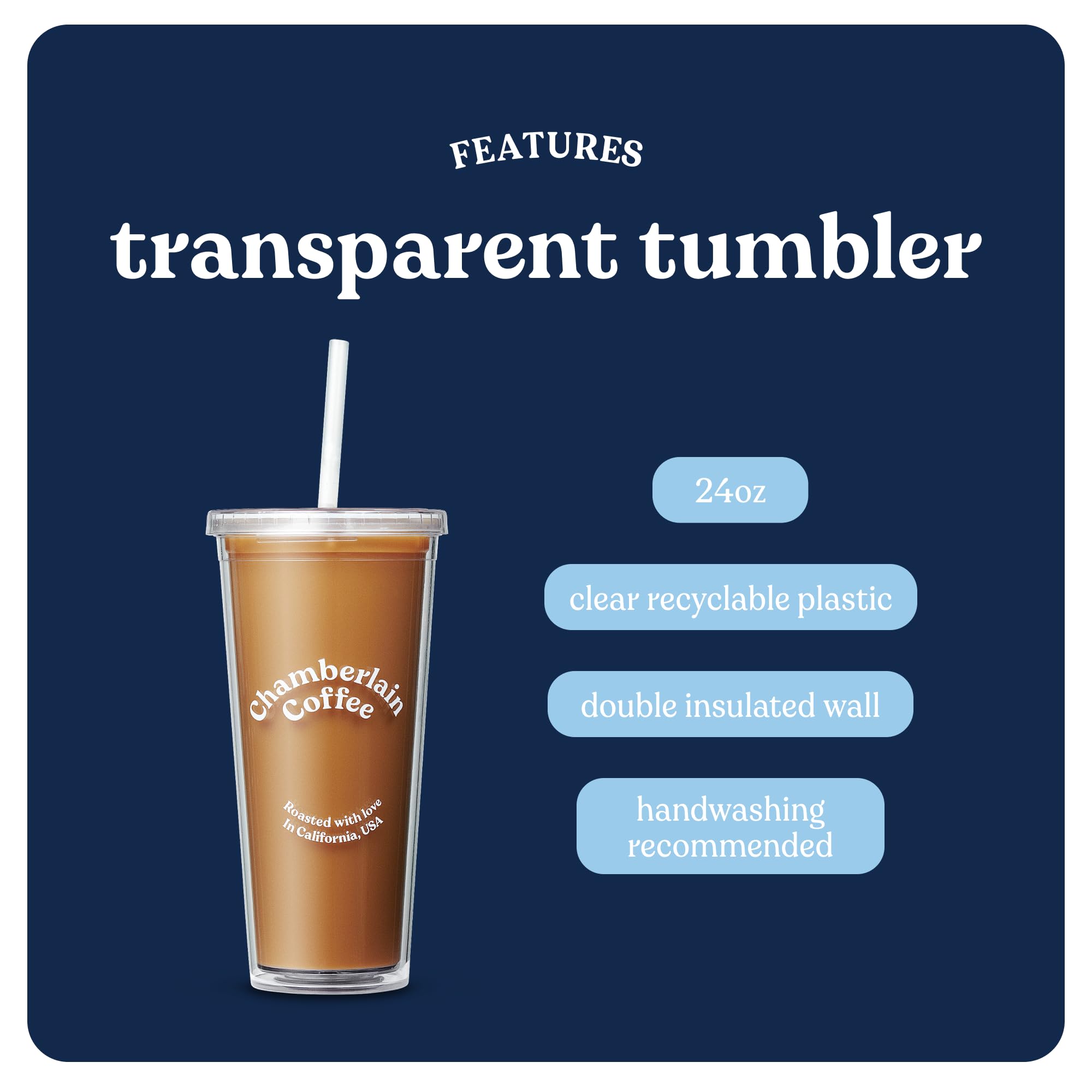 Chamberlain Coffee Tumbler - Clear Tumbler With Lid And Straw - 24 Oz Insulated Iced Coffee Cup - Double Wall Tumbler For Cold B