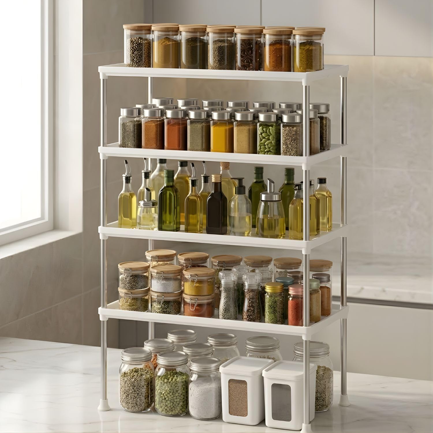 Satpurush 4Tier Kitchen Organizer Rack  SpaceSaving Metal Countertop Shelf For Spice Jars, Oil Bottles & Containers, Modern S