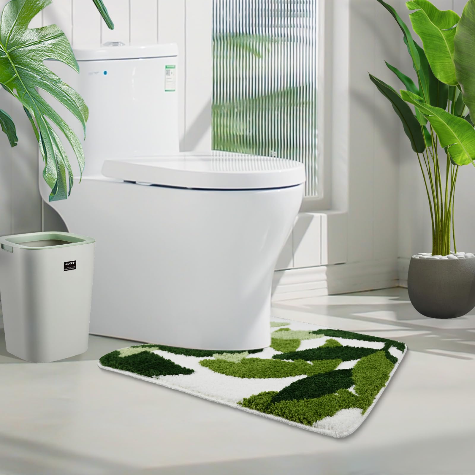 Baahrnom Tufted Toilet Rug 24'' X 20'' Green Toilet Rugs U Shaped Machine Washable Cute Leaves Toilet Bath Mat Soft Non Slip
