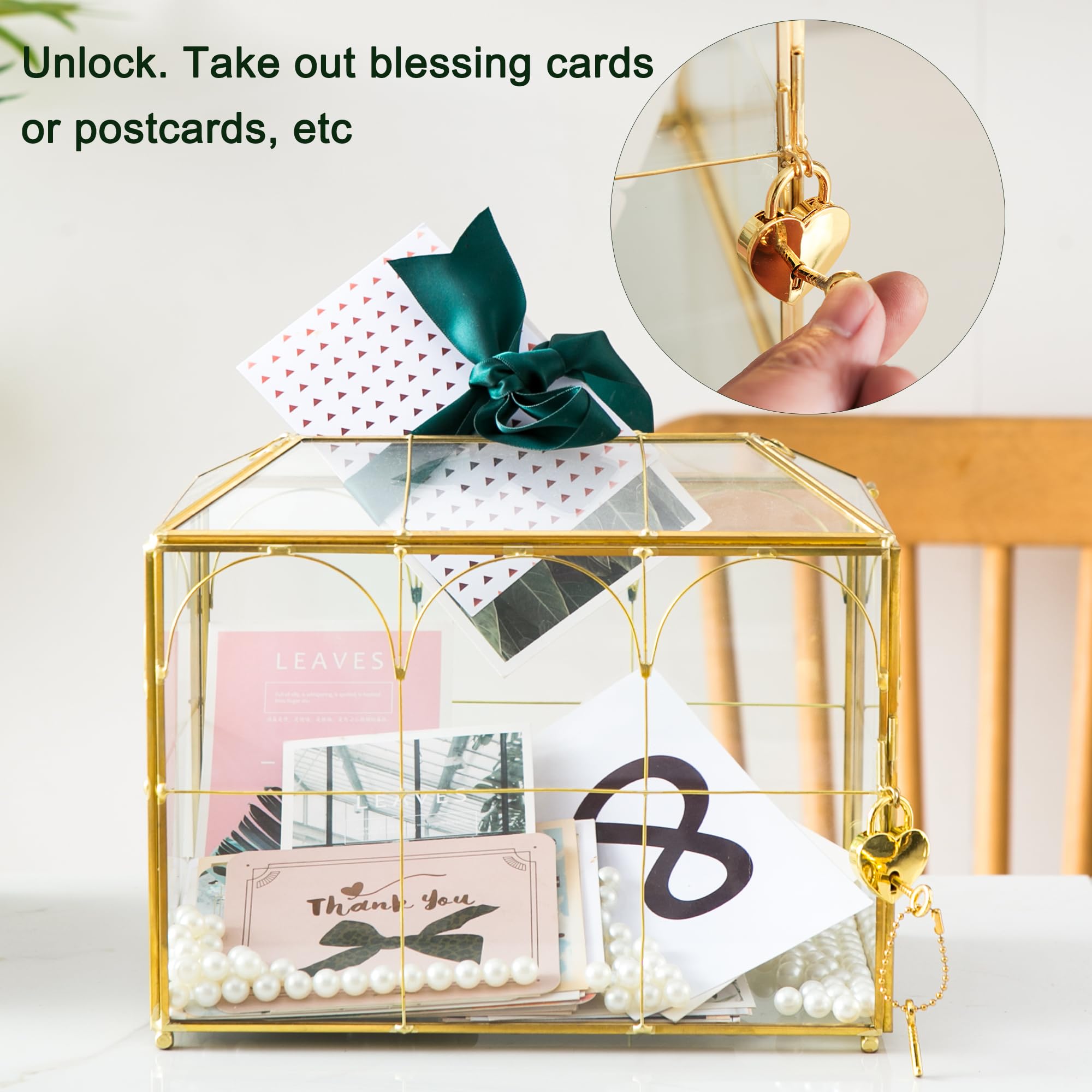 Sanllusit Glass Wedding Card Box with Slot, 10.2'' Large Clear Card Box Gold Brass Gift Card Storage Box with Lock Perfect for W