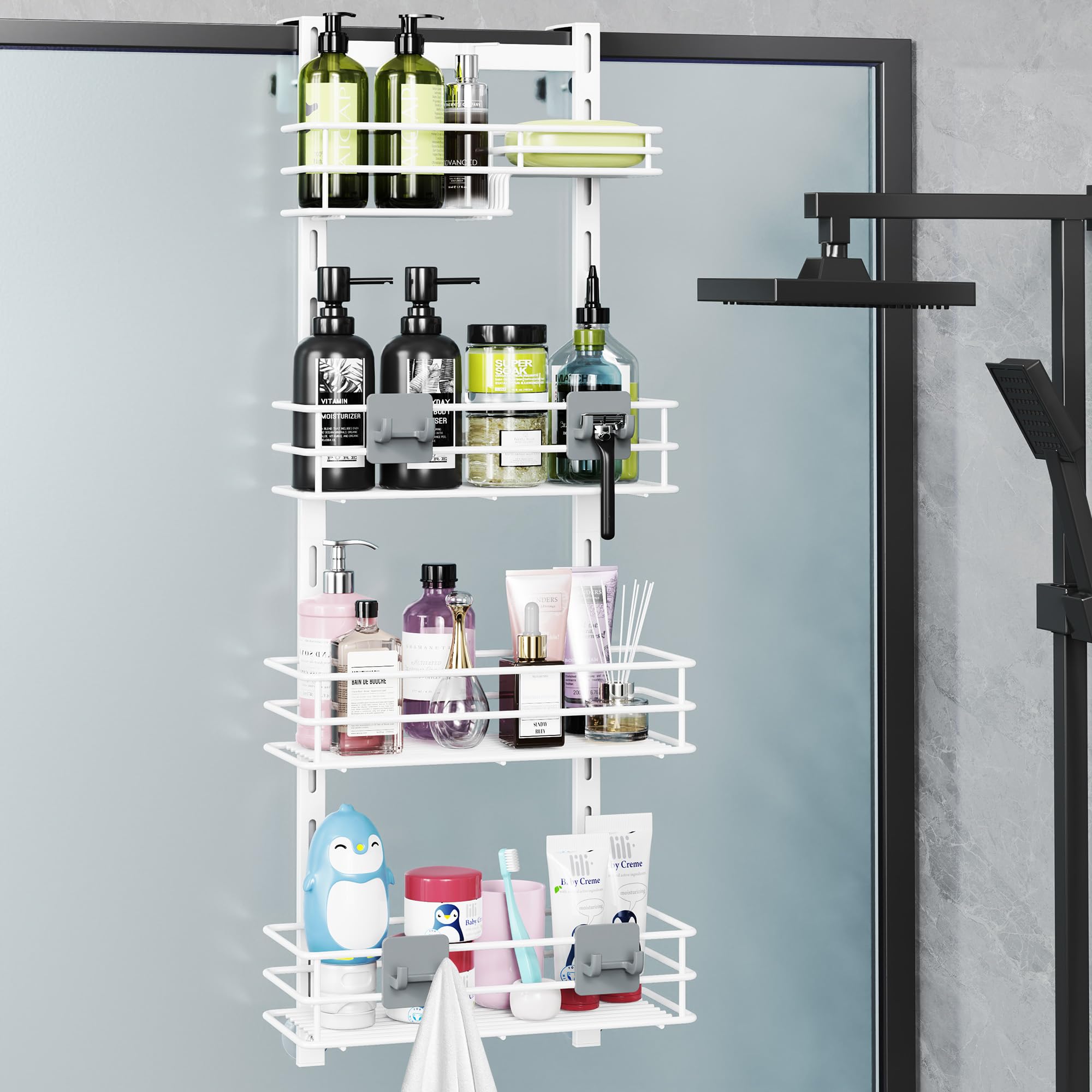 Orimade Over The Door Shower Caddy Adjustable 4 Tier White,Bathroom Hanging Organizer Shelf Rustproof with 4 Hooks,Shower Basket