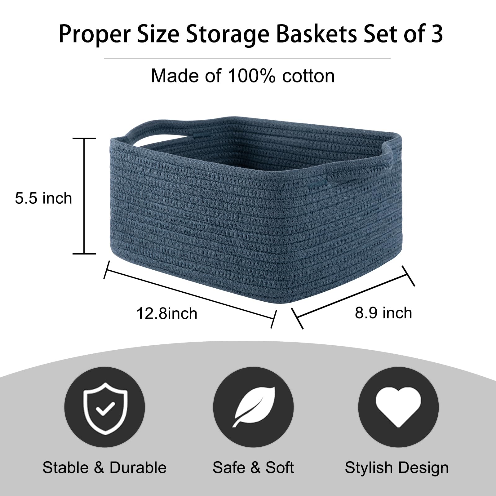Oiahomy Cotton Rope Woven Baskets For Storage, Nursery Rectangle Storage Basket With Handles For Shelves, Pack Of 3, Blue