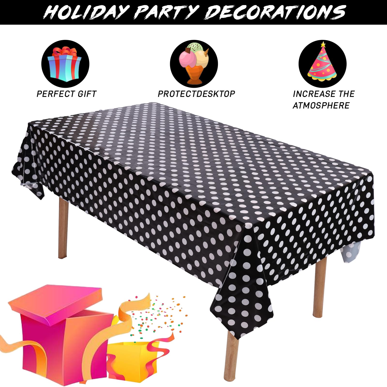 Kesfey 5 Packs Black And White Dots Table Cloth 54X108 Inch Black Polka Dot Mini Mouse Plastic Table Cloth Disposable Black Wate