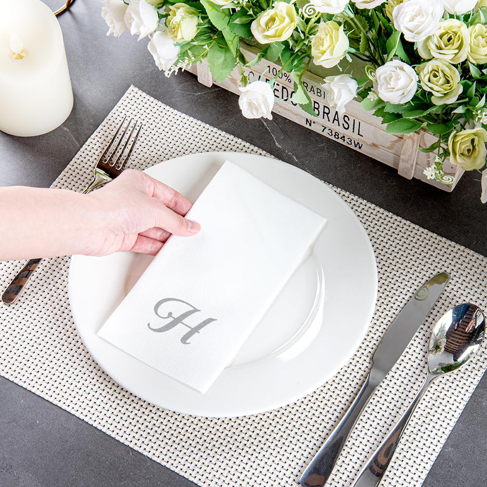 Luxenap 15.8 X 7.9 Inch Linen-Feel Guest Towels, 2000 Lettered Hand Towels - Silver Letter 'H', Cursive Font, White Paper Dinner