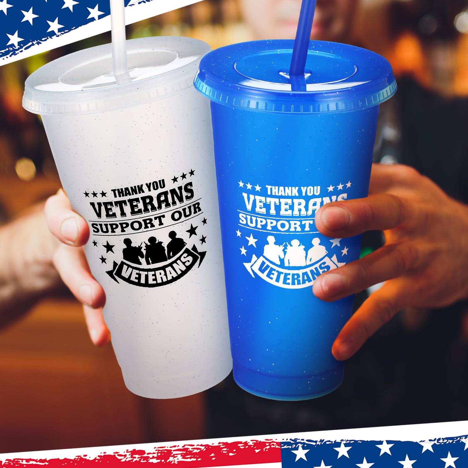 Skylety 24 Pcs Veterans Appreciation Gift 24 oz Support Our Veterans Day Gifts Plastic Coffee Cups with Straws and Lids Team Gif