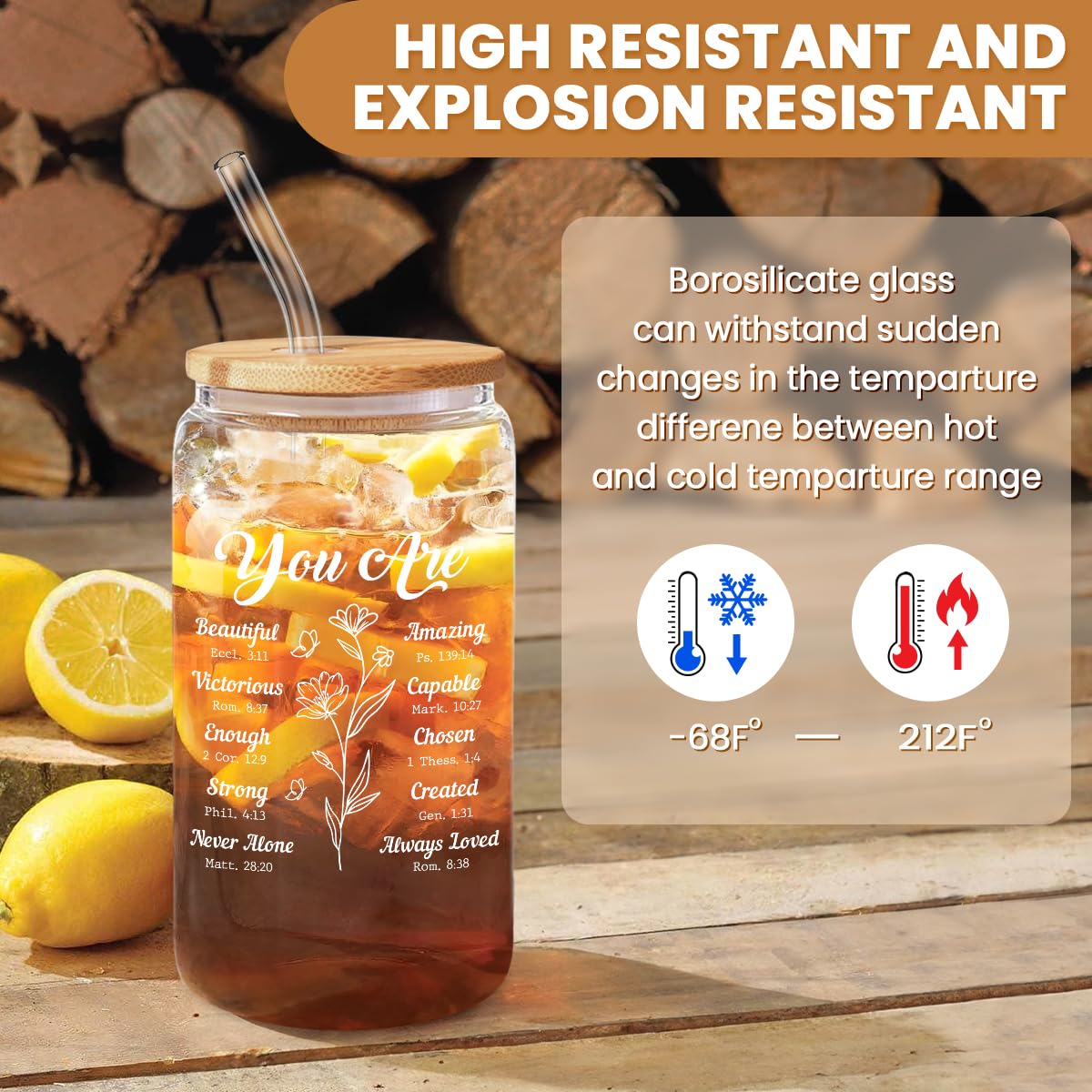 Christian Gifts for Women - Inspirational 16 Oz Can Glass Coffee Cup with Bamboo Lid & Straw - Religious Motivational Catholic G
