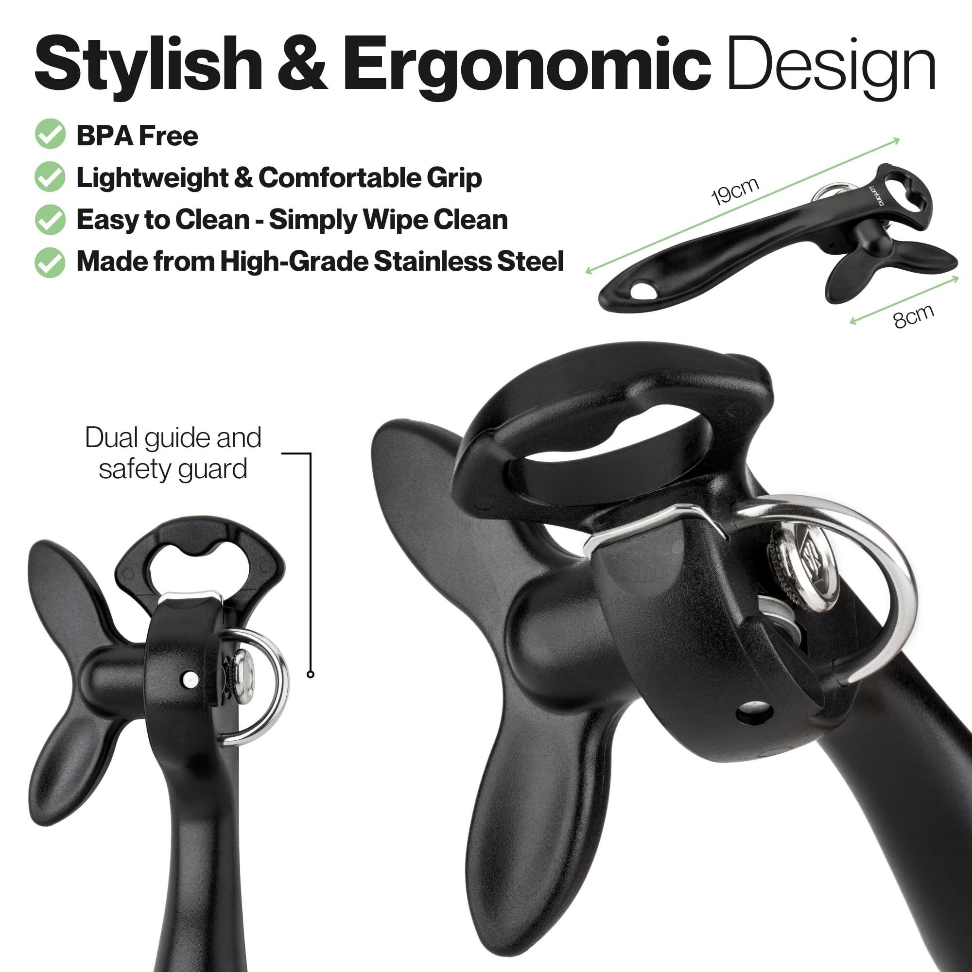 Lantana 2 in 1 Safety Manual can Opener (Smooth Edge) & Bottle Opener - BlackStainless Steel