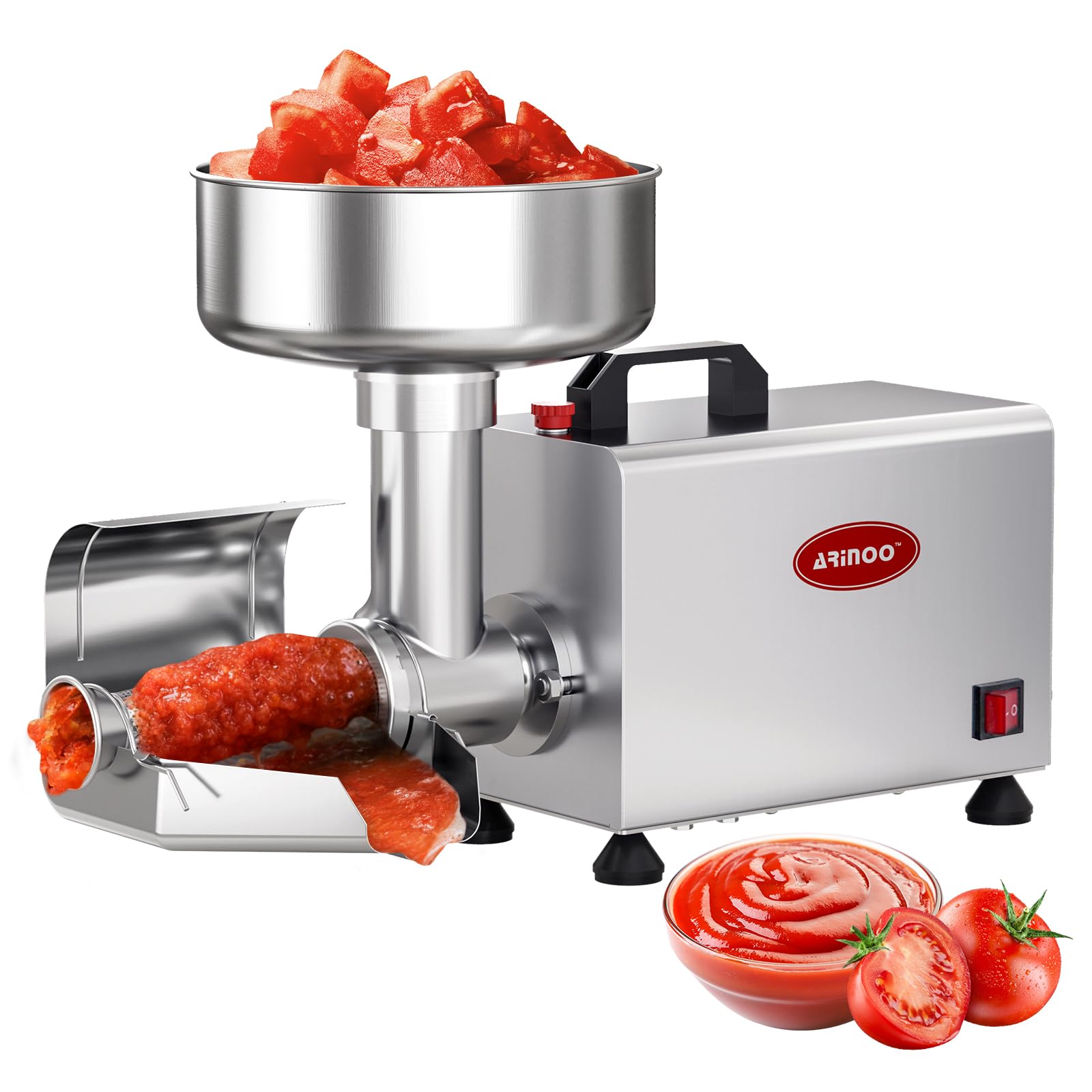 ARINOO 0.6HP Electric Tomato Strainer,Commercial Stainless Steel Saucer Maker, Electric food mill for tomato Sauce with Pure Cop