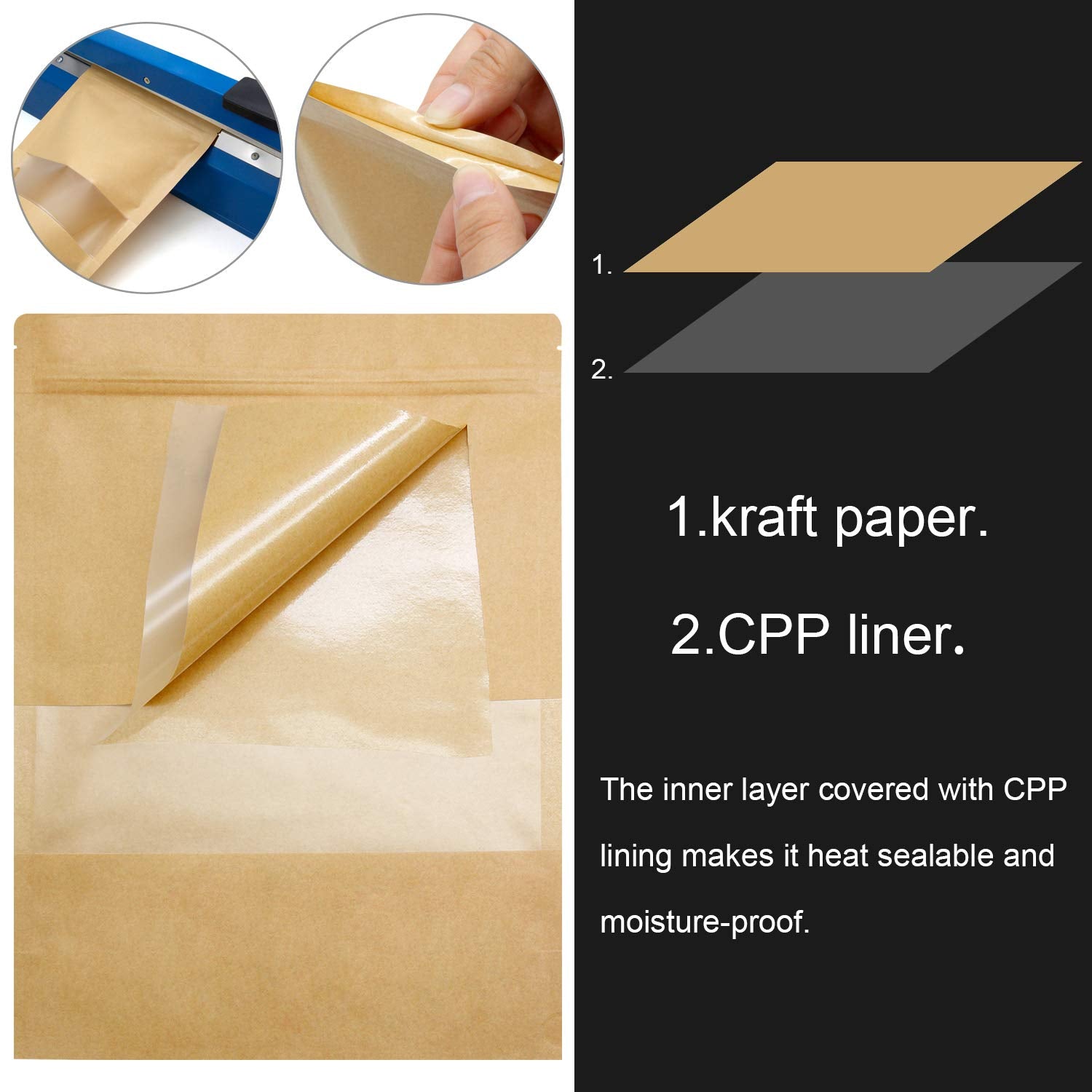 Blisstime 50 Pack Kraft Stand Up Zip Lock Pouch Bags, Resealable Bag With Transparent Window And Tear Notch For Multipurpose Sto