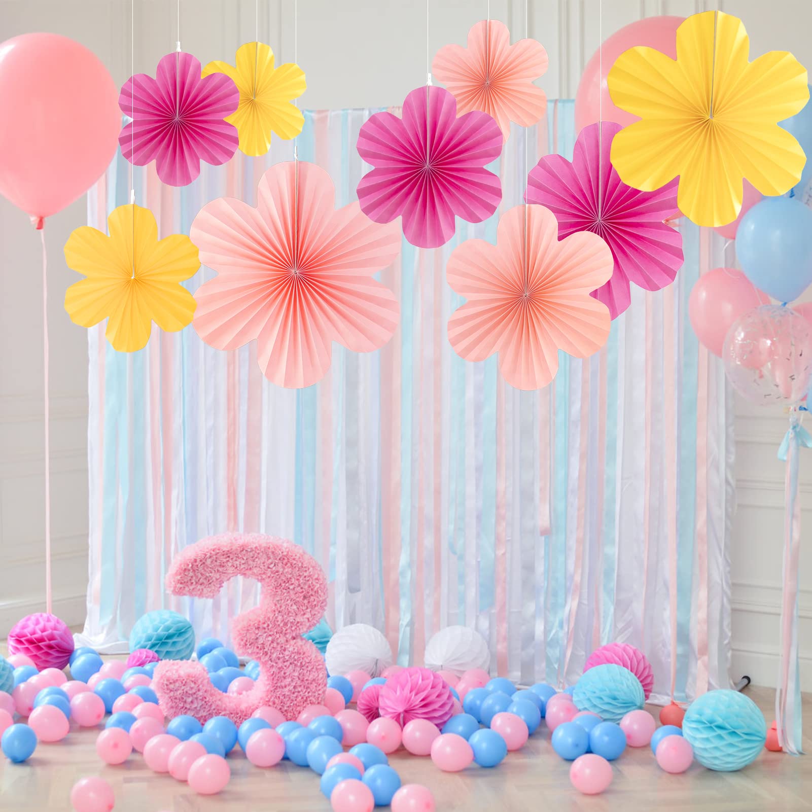 SUNBEAUTY Paper Flowers Decorations for Wall Paper Fans Classroom Decoration Paper Floral Backdrop Decor Paper Fans Decoration Hanging Paper Fans Pink Flower Wall Decor Set of 9