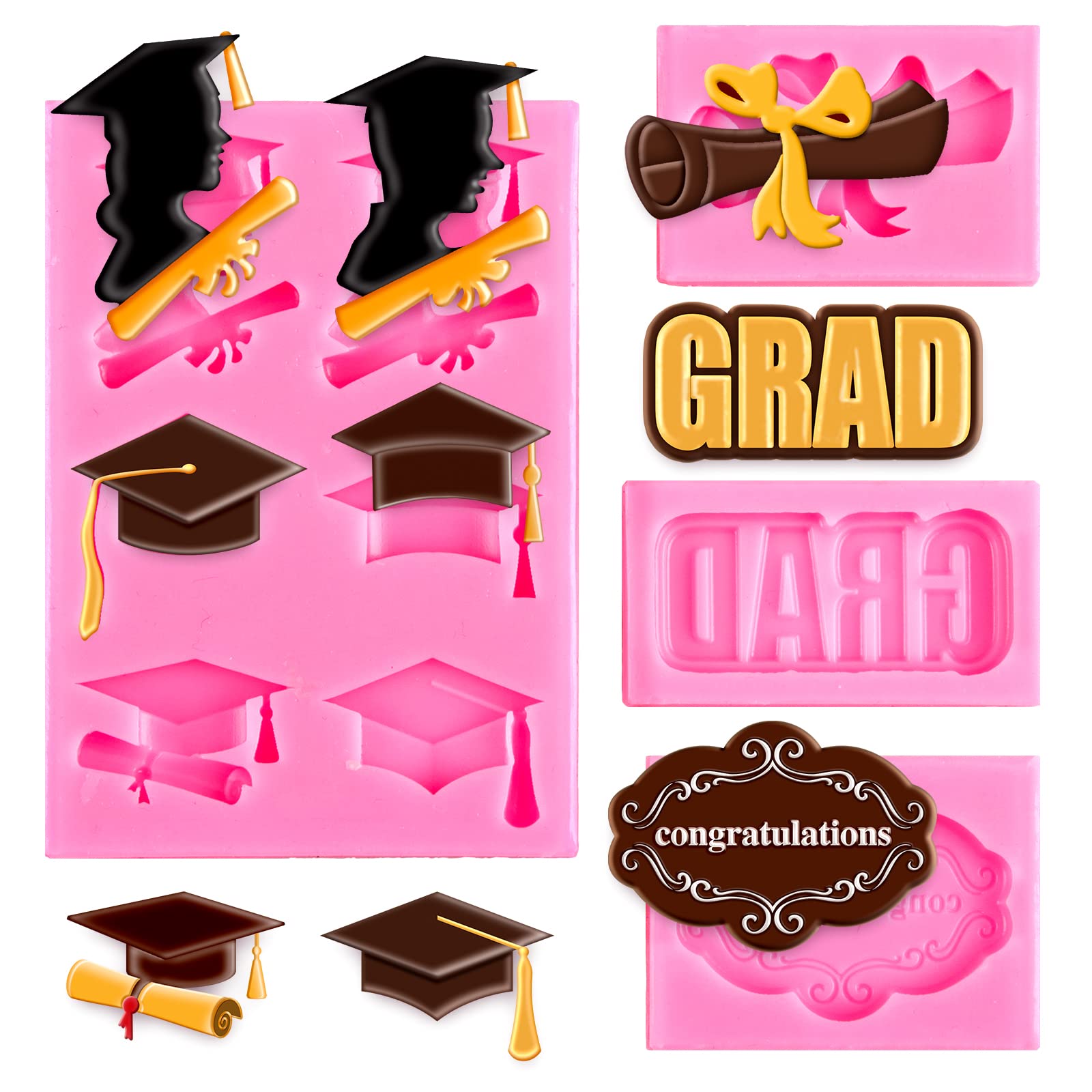 Whaline 4 Pack Graduation Mini Fondant Molds Silicone Cap Diploma mould Congrats Grad Congratulations Candy Chocolate Mould for 