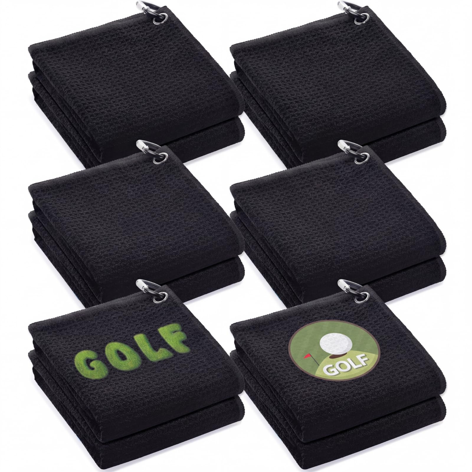 Batiyeer Golf Towel Bulk for Golf Bags Microfiber Fabric Towel with Clip Waffle Pattern, Fitness, Camping, Hiking, Yoga(Black,16