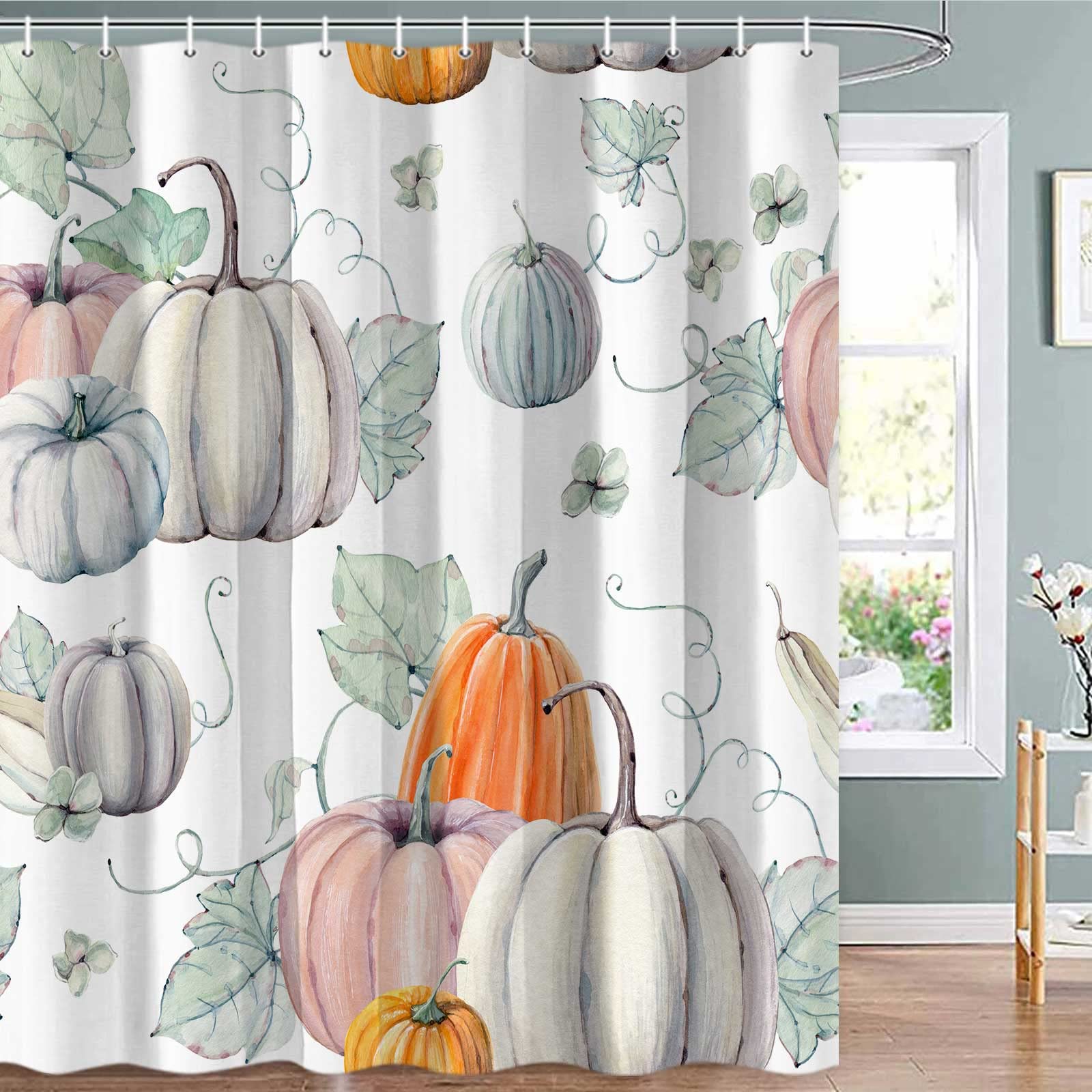 Icteisom Fall Pumpkin Shower Curtain, Autumn Harvest Thanksgiving Decoration Bathroom Shower Curtains With 12 Hooks Set 72X72 In