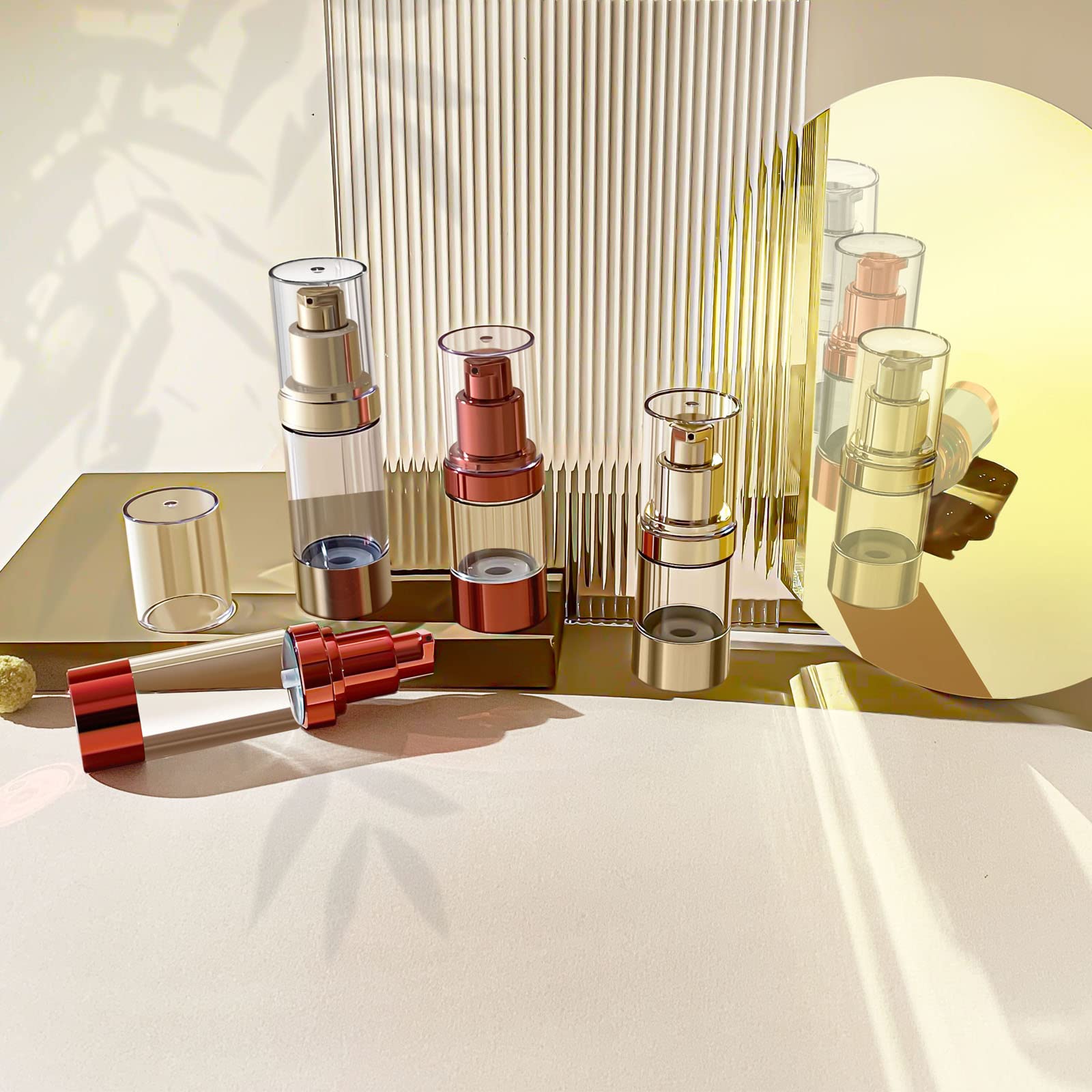 1 Oz Refillable Airless Pump Bottle, Travel Lotion Container, Plastic Cosmetic Dispenser (12Pcs,Rose Red)