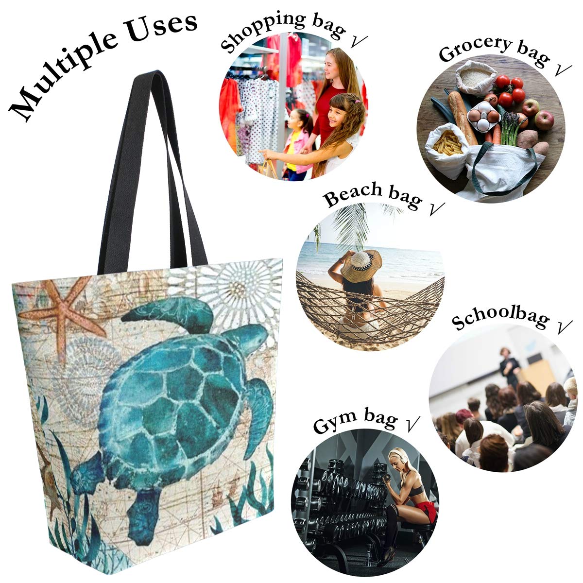 Naanle Ocean Turtle Canvas Tote Bag Large Women Casual Shoulder Bag Handbag, Sea Turtle Reusable Multipurpose Heavy Duty Shoppin