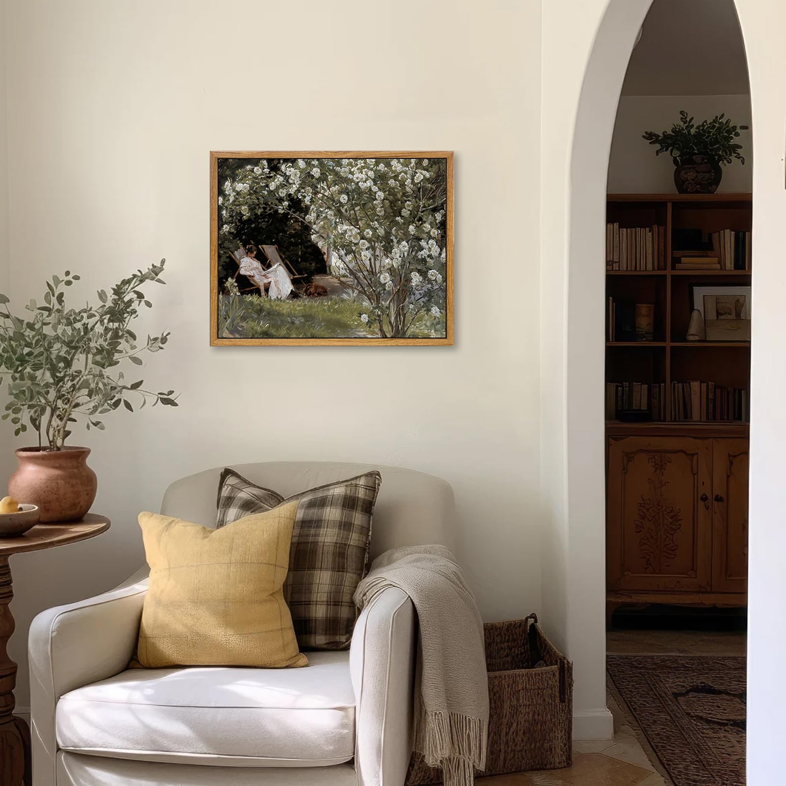 Kbkbart Framed Vintage Canvas Wall Art, Retro French Country Garden Women Flower Classical Painting Bedroom Art Print, Rustic Vi