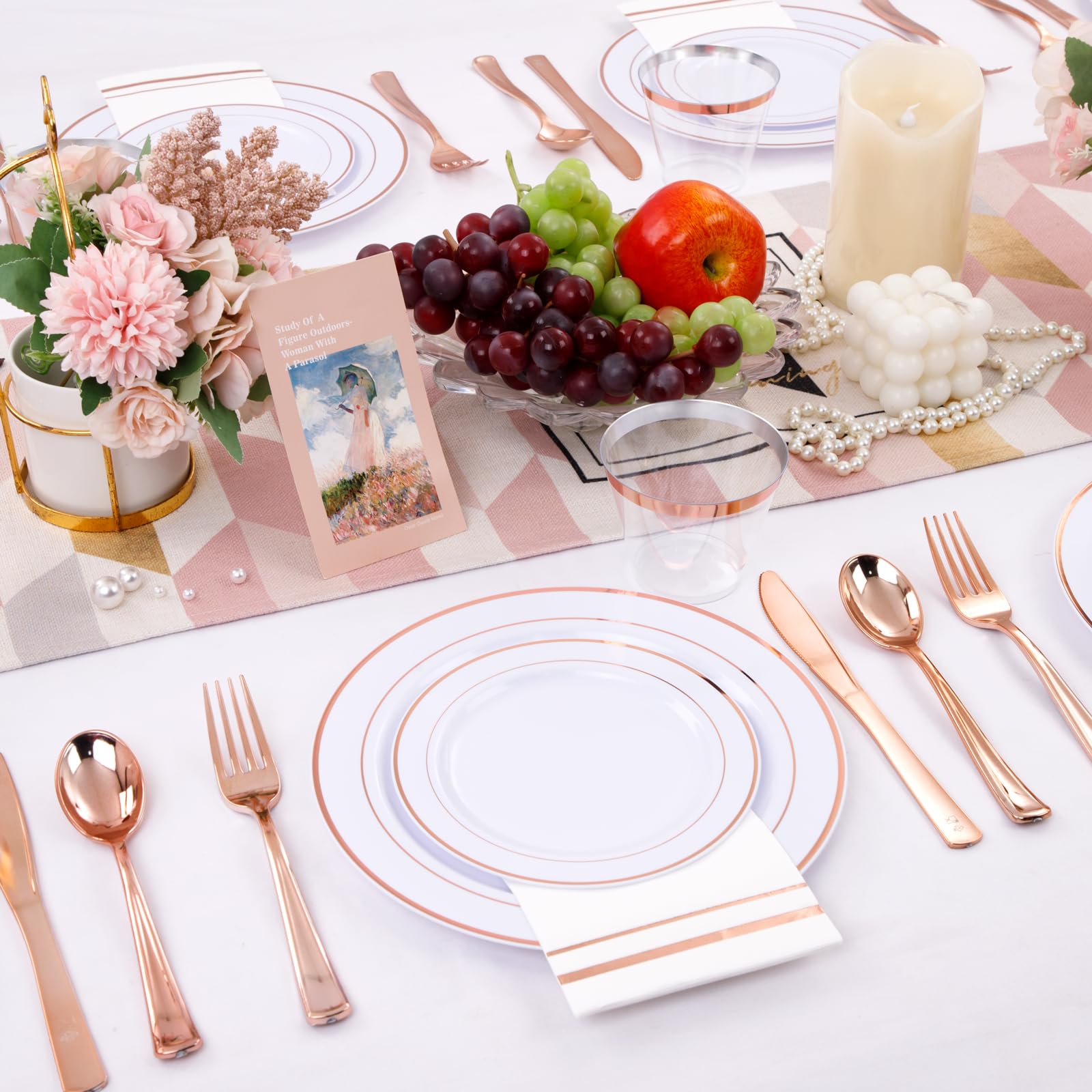 Gather 350Pcs Rose Gold Plates And Silverware Set For 50 Guests Disposable Plastic Dinnerware Of 100 Rose Gold Plastic Plates,15