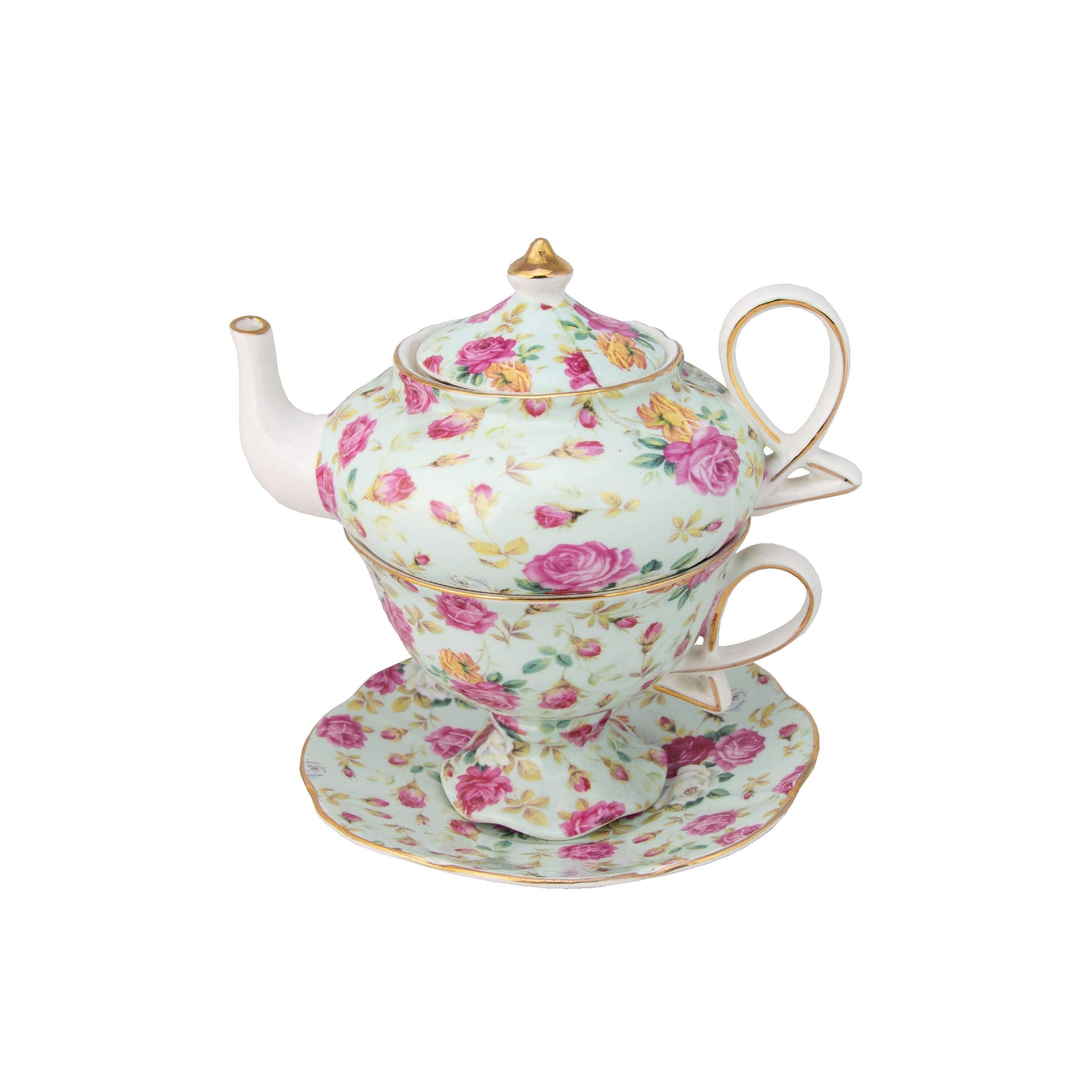 Gracie China By Coastline Imports 4-Piece Porcelain Tea For One, Stacked Teapot Cup Saucer, Blue Cottage Rose Chintz