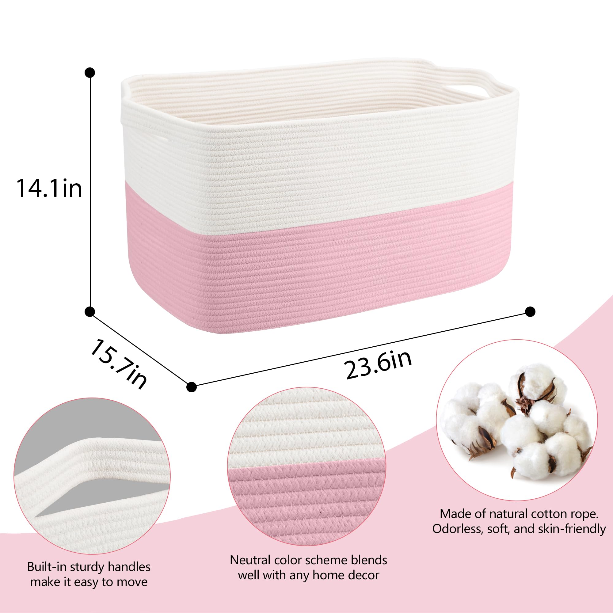 Megasket Xxxl Pink Storage Basket, 23.6'' X 15.7'' X 14.1'' Rectangle Cotton Rope Basket, Extra Large Blanket Basket, Kids Toy B
