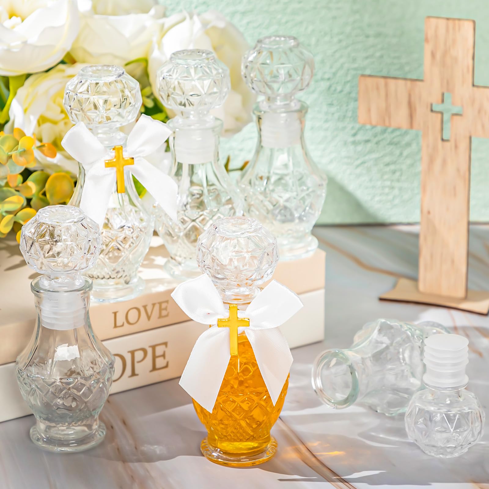Chuangdi 10 Set Holy Catholic Water Bottles 50ml Christian Water Container Empty Catholic Glass Bottle with Cross Lapel Pin Ribb