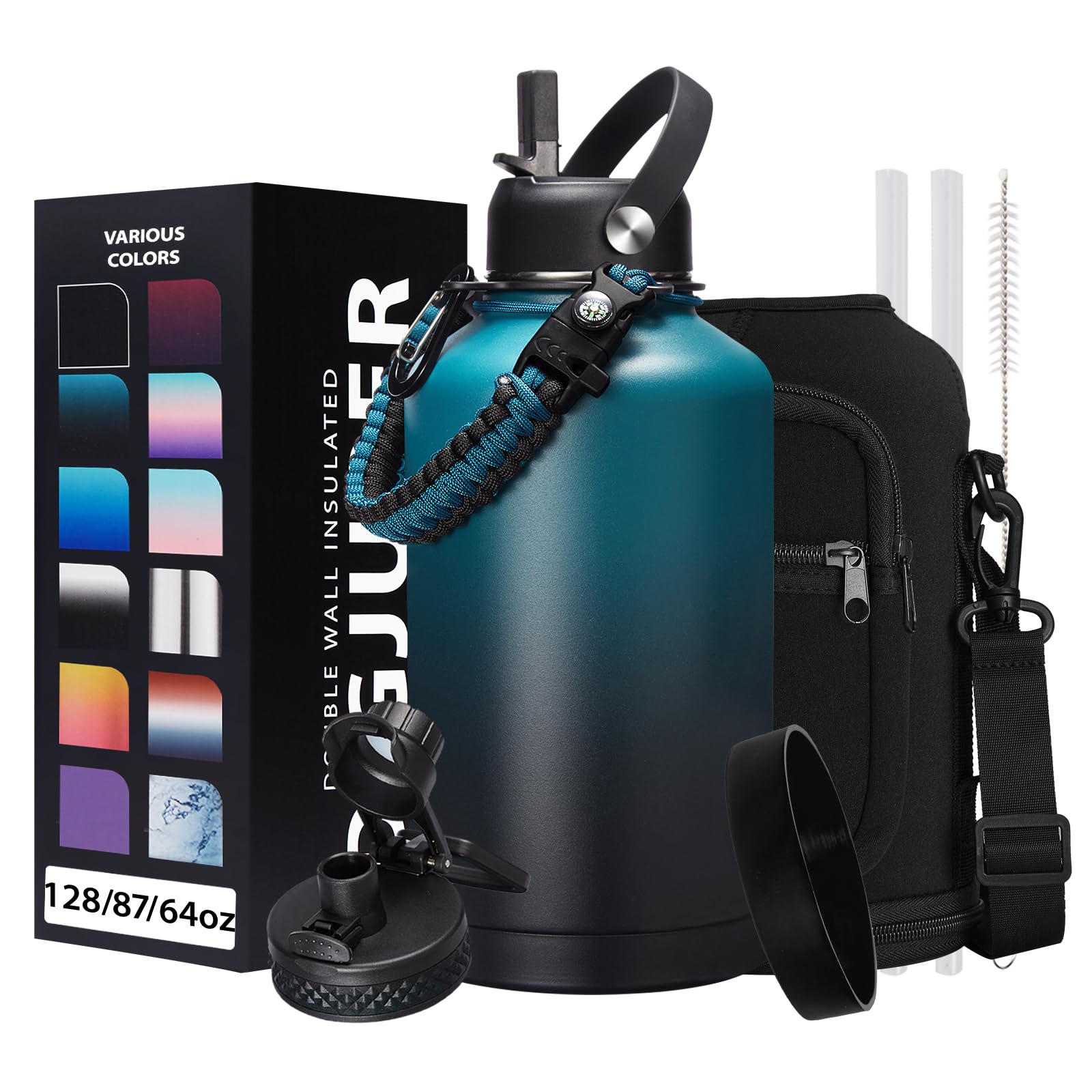 Half-Gallon Insulated Water-Bottle With Straw - Stainless Steel Thermo Jug With Spout Straws Lids, Paracord Handle & Bottle Slee