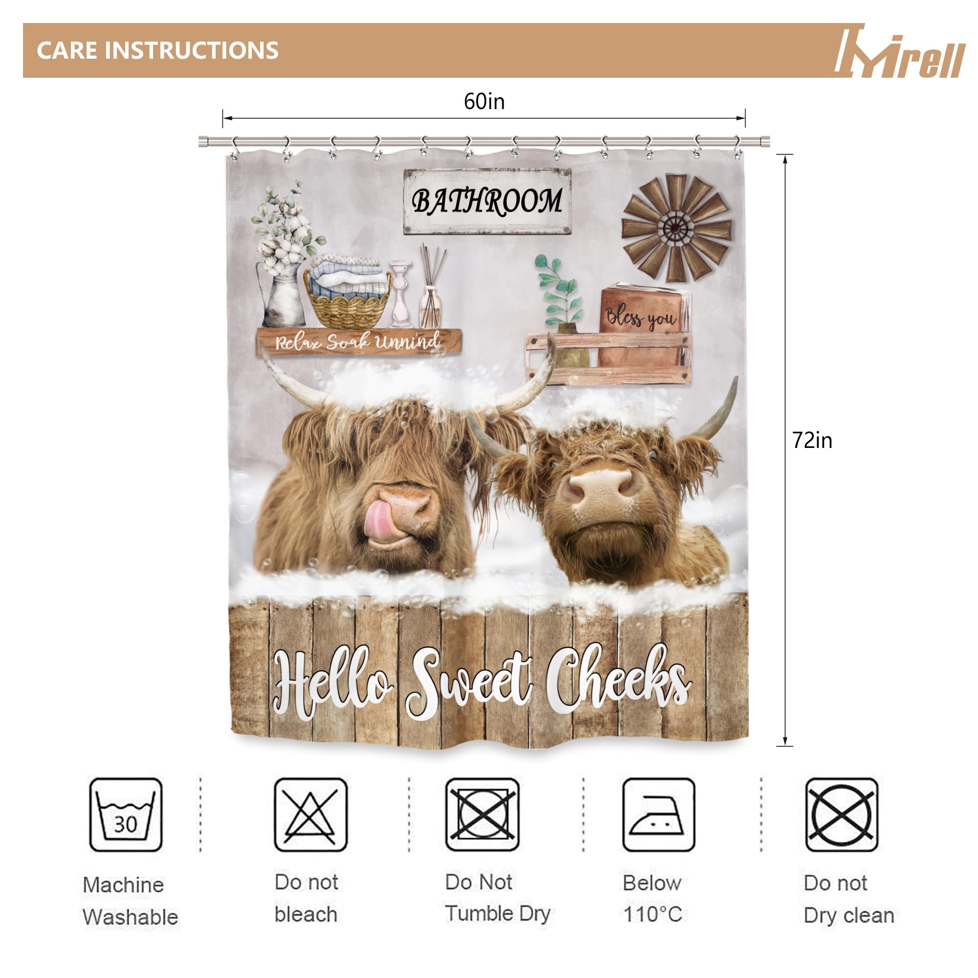 Imirell Highland Cow Shower Curtain 60Wx72H Inches Rustic Farmhouse Bull Funny Animal Wooden Board Country Western Wildlife Plan