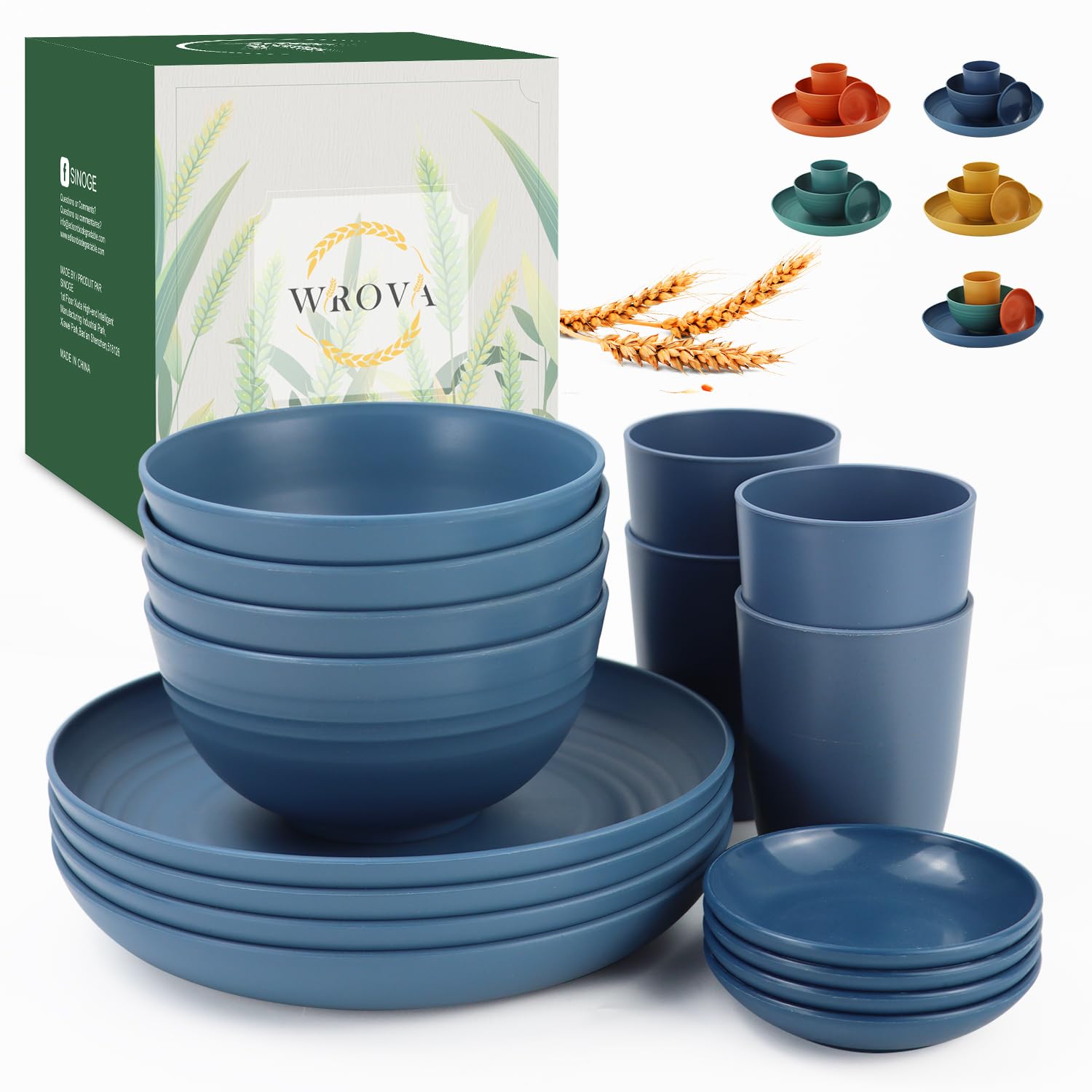 Wrova Wheat straw plates and bowls sets of 16 - Unbreakable wheat straw dinnerware sets for camping - Alternative plastic dinner