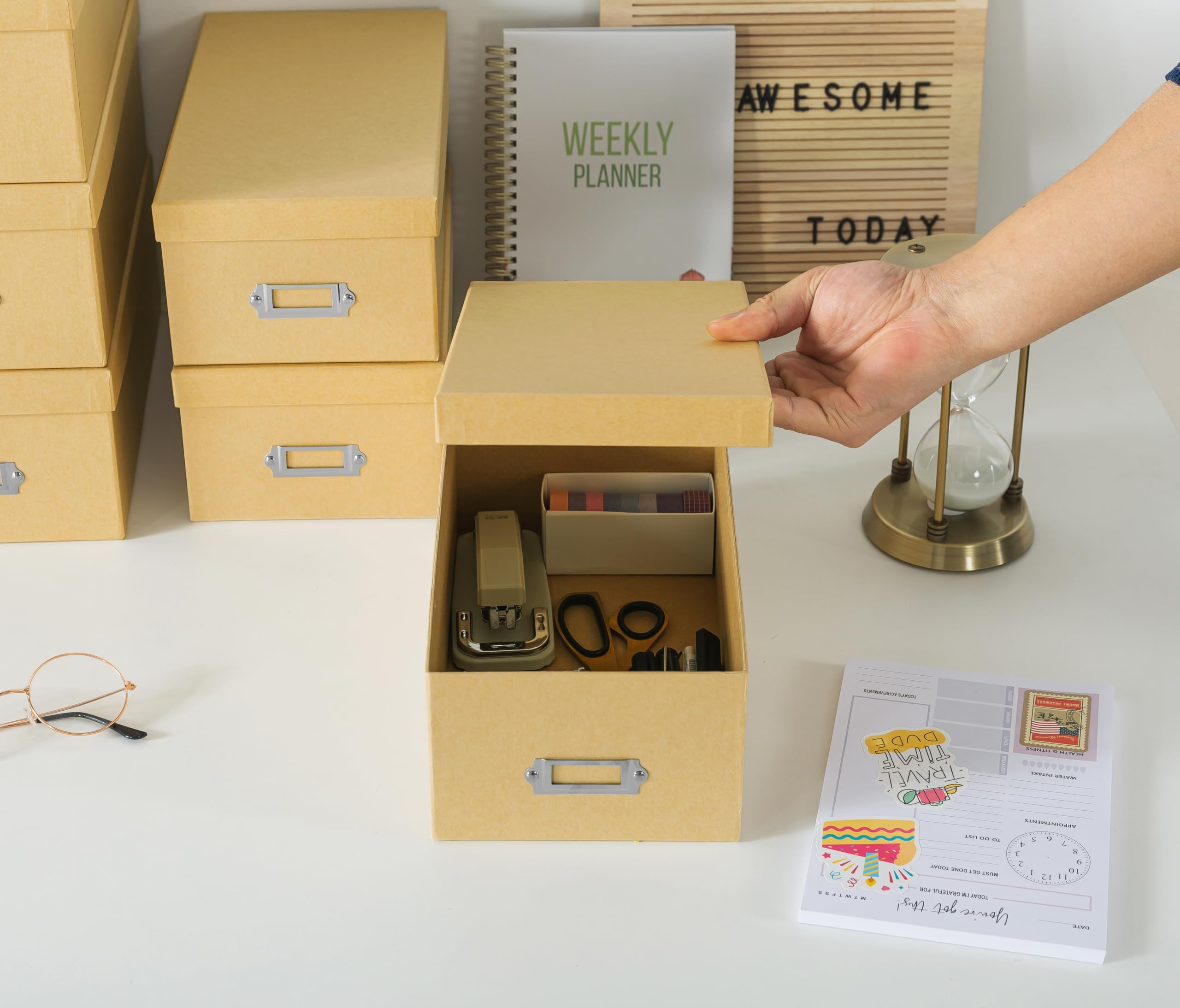 Soul & Lane Kraft Storage Boxes - Set of 6 (3 Large, 3 Medium), Keepsake Memory Storage Boxes with Lids, Cardboard Organizers wi