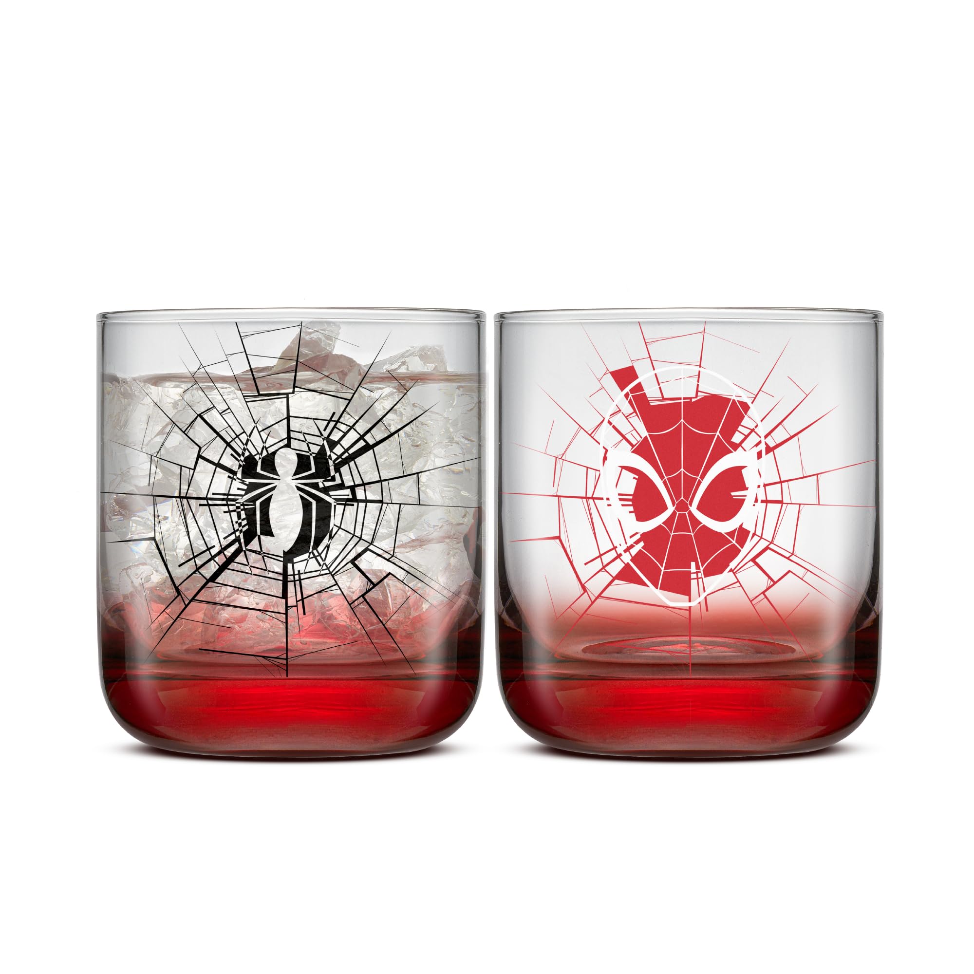 JoyJolt Marvel Spider-Man Webbed Hero Short Drinking Glasses, 10oz Superhero Glass Cups, Set of 2 Glass Tumblers for Water Coffe