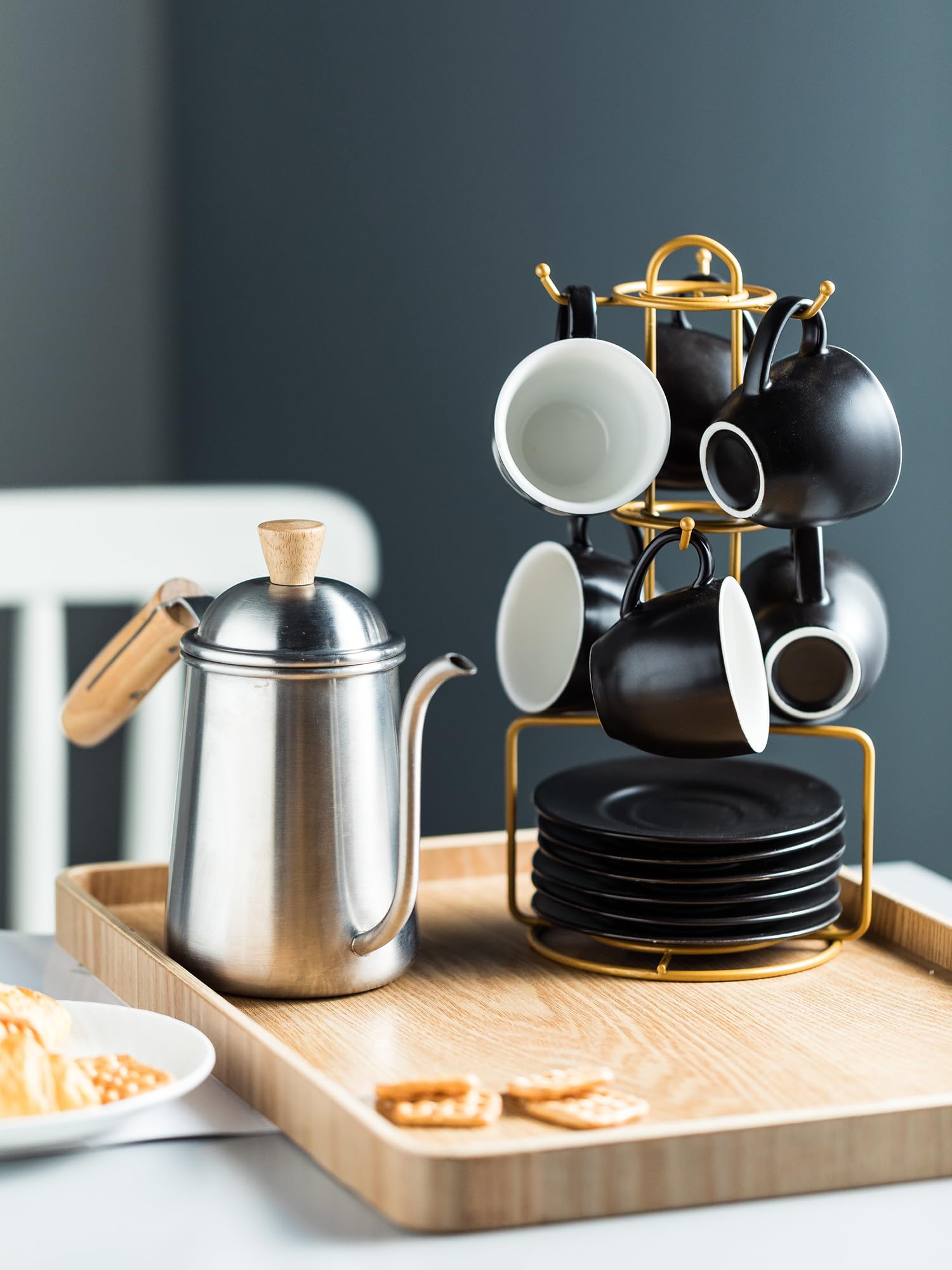 Yhosseun 3 Ounces Espresso Cups With Saucers Set, Porcelain Latte Cups And Metal Stand Demitasse Cups For Espresso, Latte, Cafe