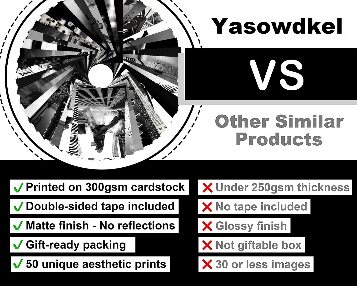 Yasowdkel Black White Aesthetic Wall Collage Kit, Aesthetic Collage Kit, 50Pcs 4X6 Inch Picture Collage Kit For Wall Aesthetic,B