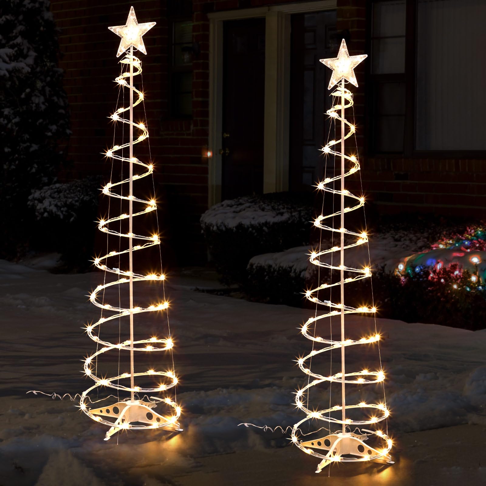 Macarrie 2 Pack 6 Ft Spiral Christmas Trees Outdoor Light Up Christmas Tree 125 LEDs Plug in Cone Tree Decoration with Star Topp